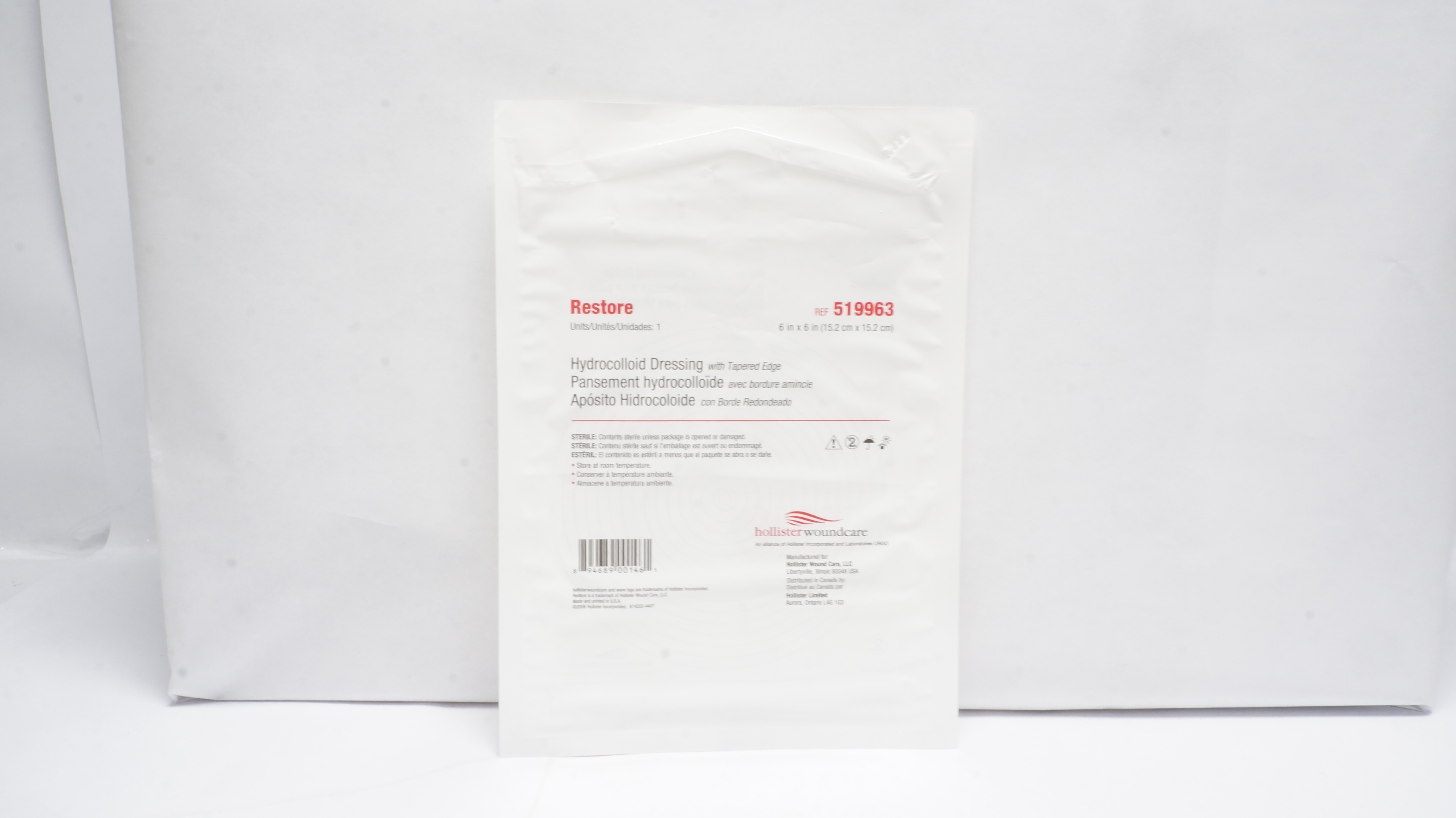 Hollister Woundcare 519963 Restore Hydrocolloid Dressing W/Tapered Edge 6In x6In