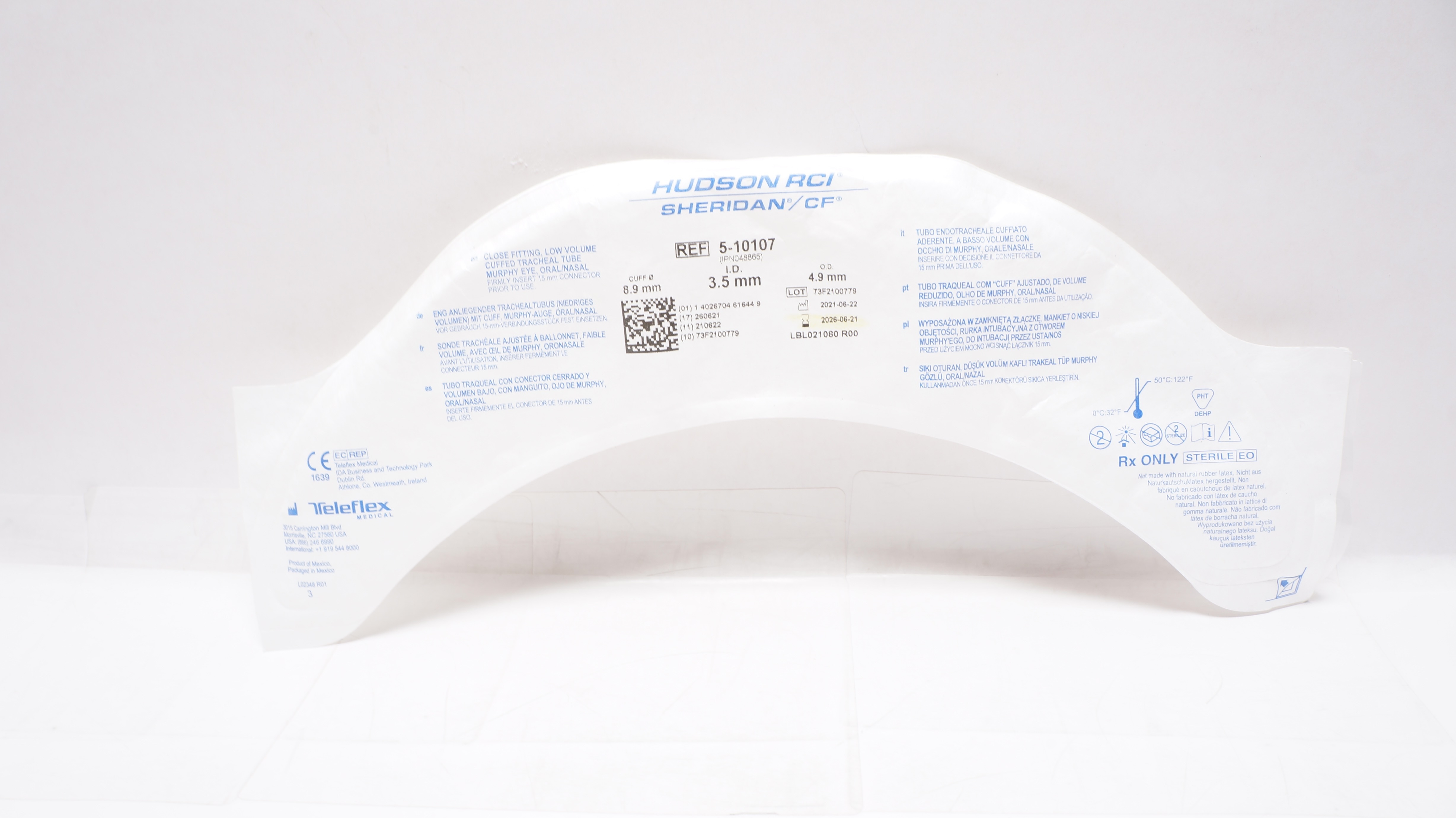 Teleflex 5-10107 Hudson RCI Cuffed Tracheal Tube 3.5 x 4.9 x 8.9mm