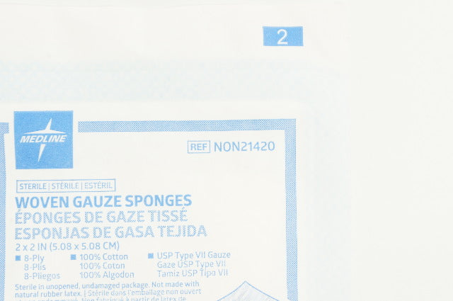 Medline NON21420 Woven Gauze Sponges 8-Ply, USP Type VII, 2in x 2in -Packet of 2