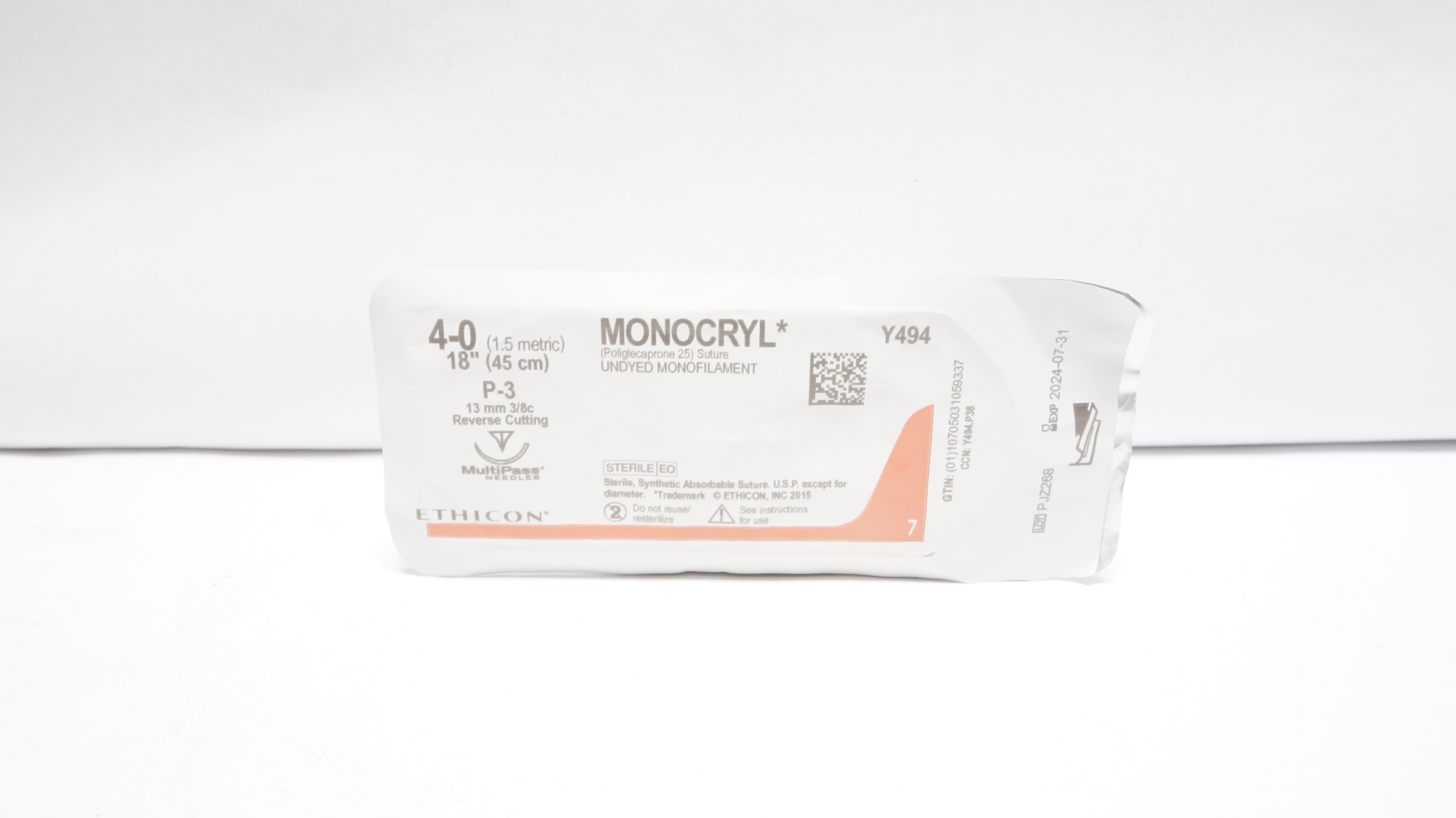 Ethicon Y494 4-0 MONOCRYL, P-3, 13mm 3/8c Reverse Cutting, 18inch (x)
