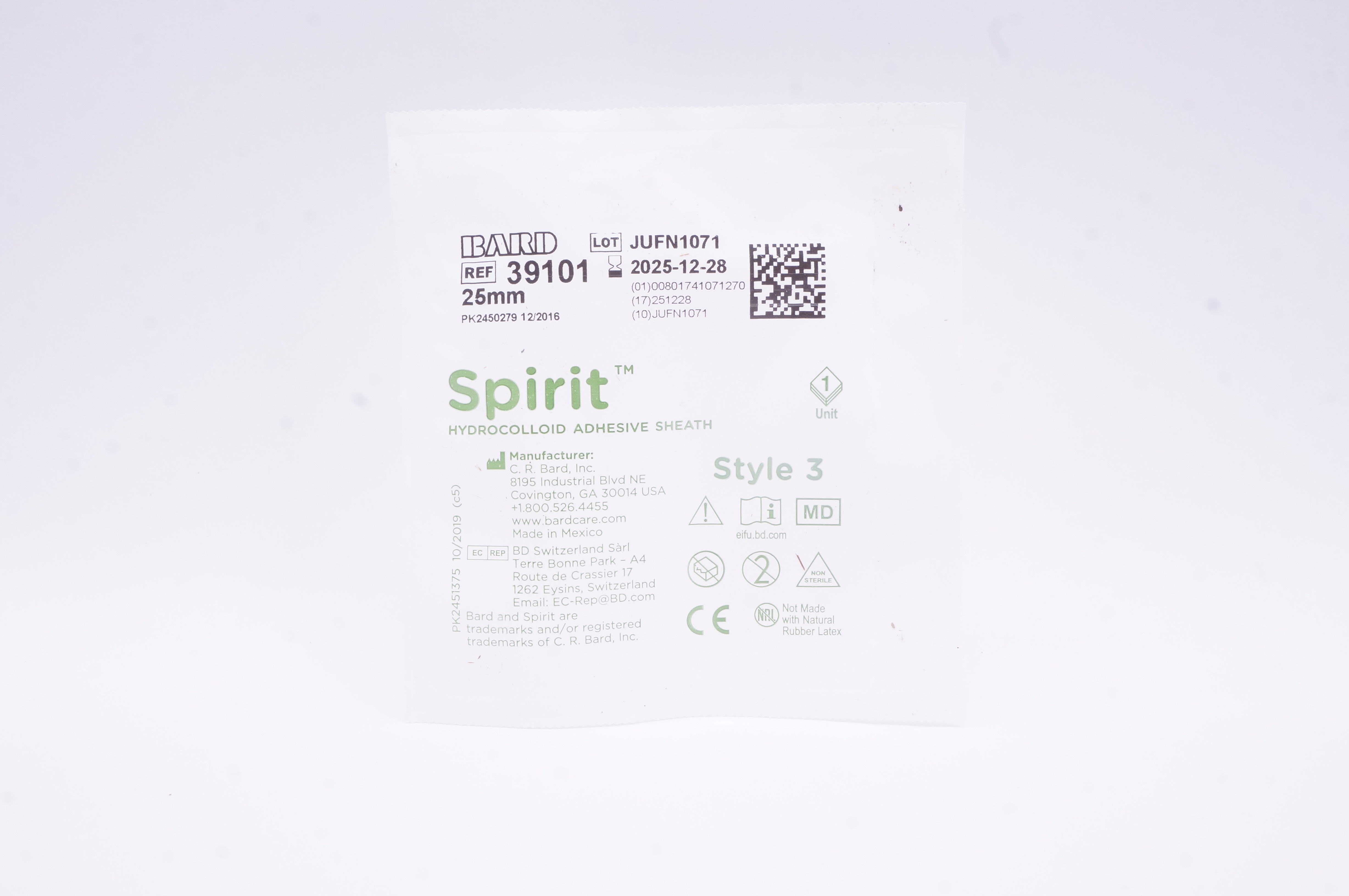 Bard 39101 Spirit Hydrocolloid Adhesive Sheath Style 3 25mm