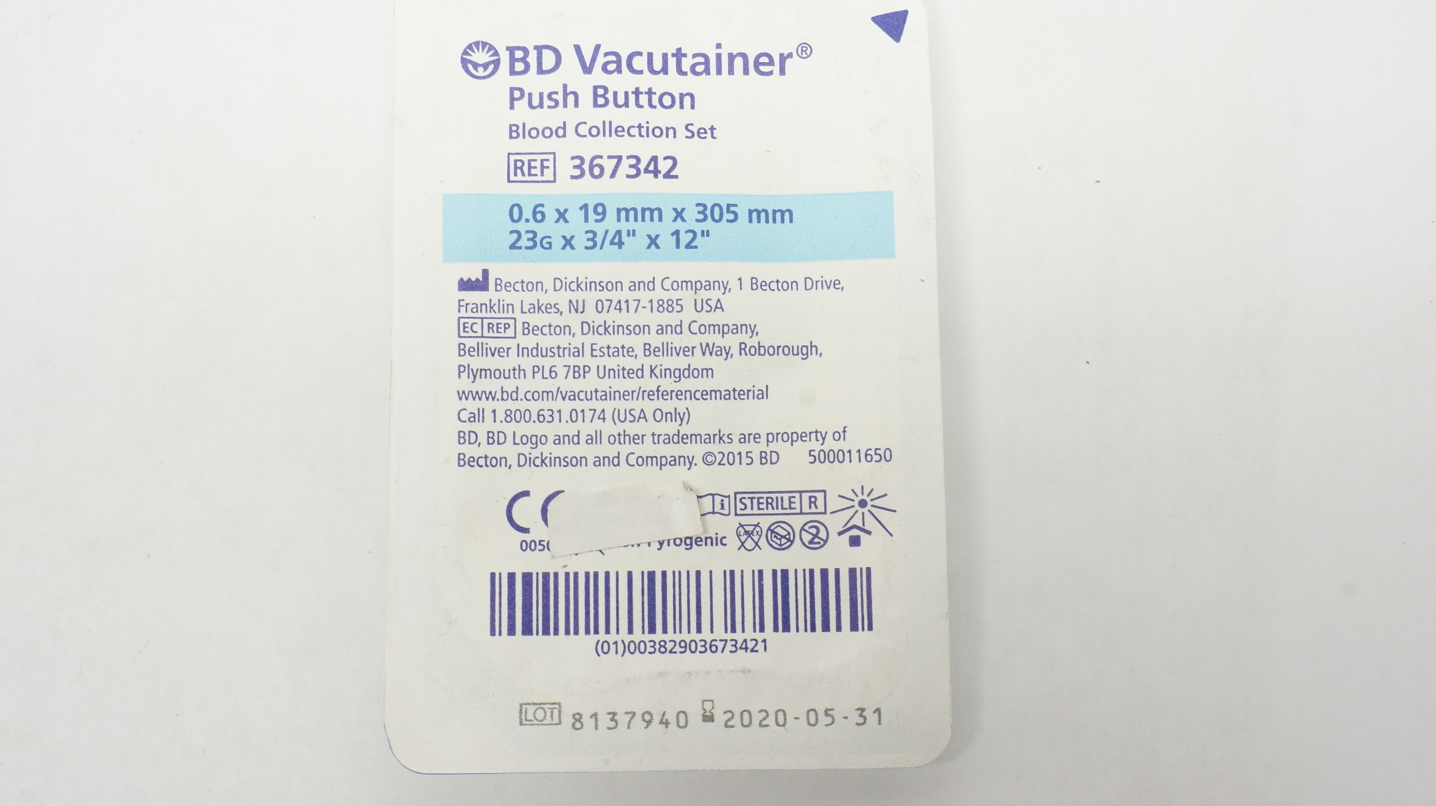 BD 367342 Vacutainer Push Button Blood Collection Set 23G x 3/4inch x 12inch (x)