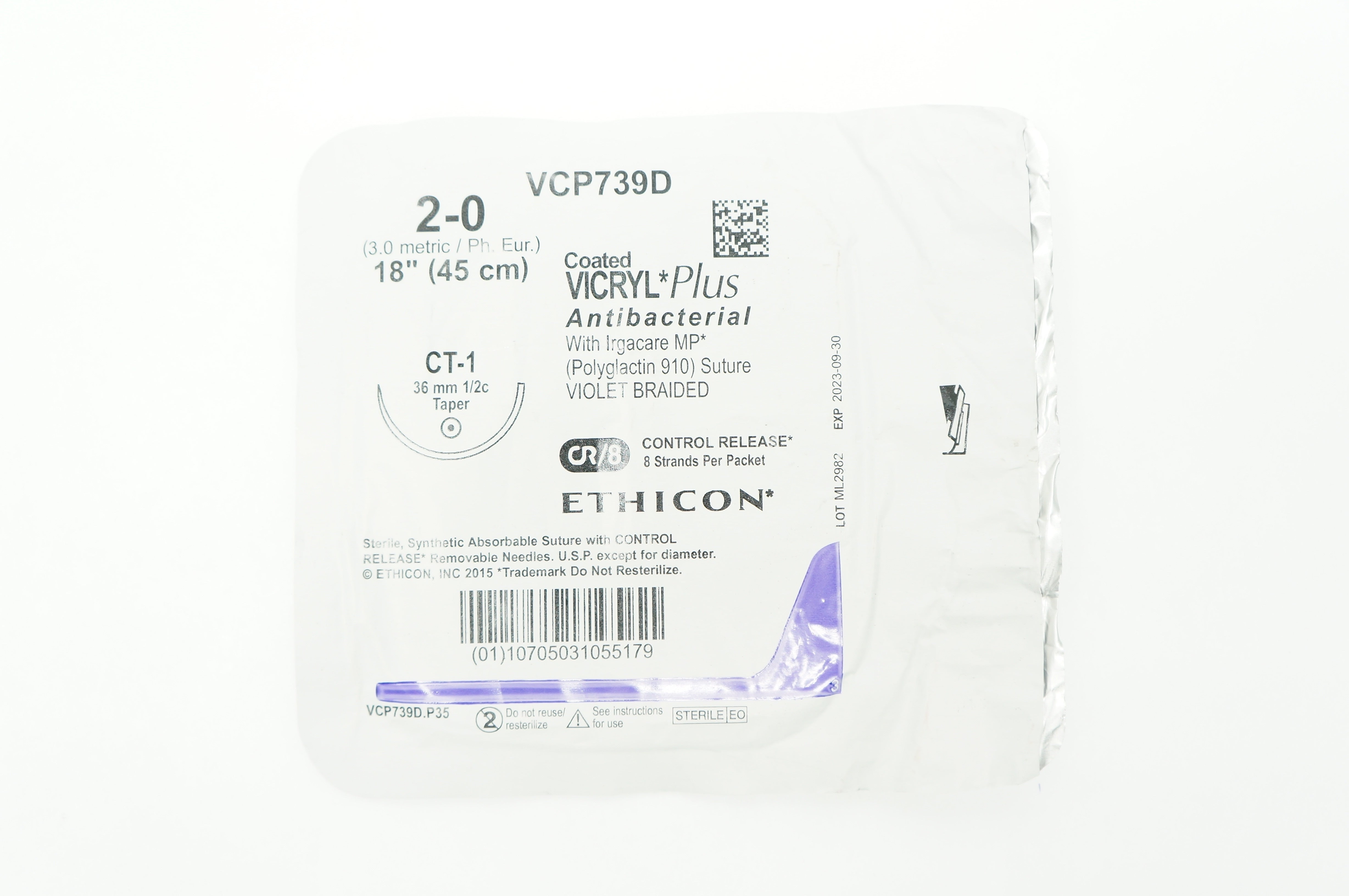 Ethicon VCP739D 2-0 VICRYL Plus CT-1 36mm 1/2c Taper 18 inch