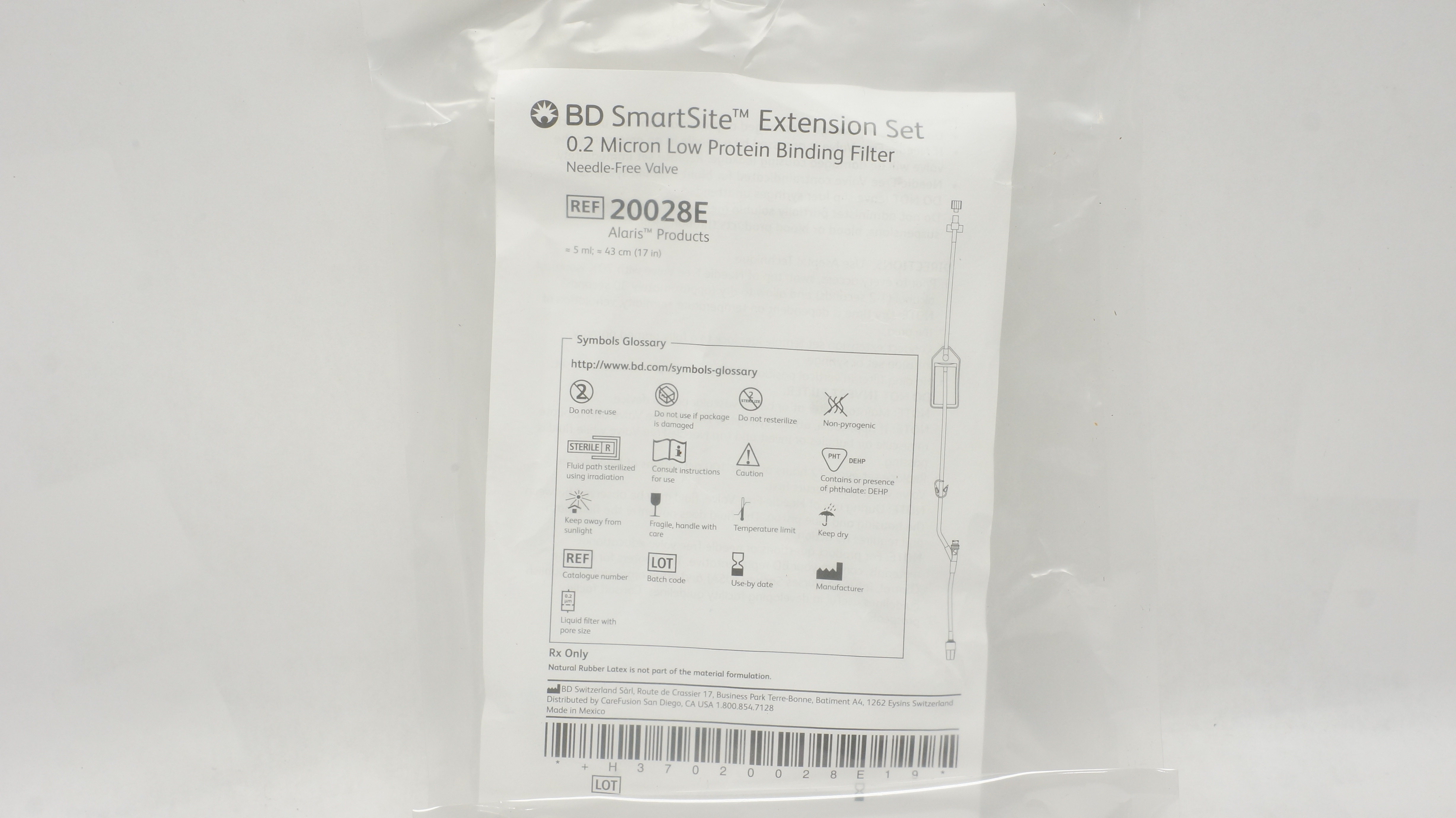 BD 20028E Alaris SmartSite Extension Set 0.2 Micron Binding Filter 5ml x 17inch