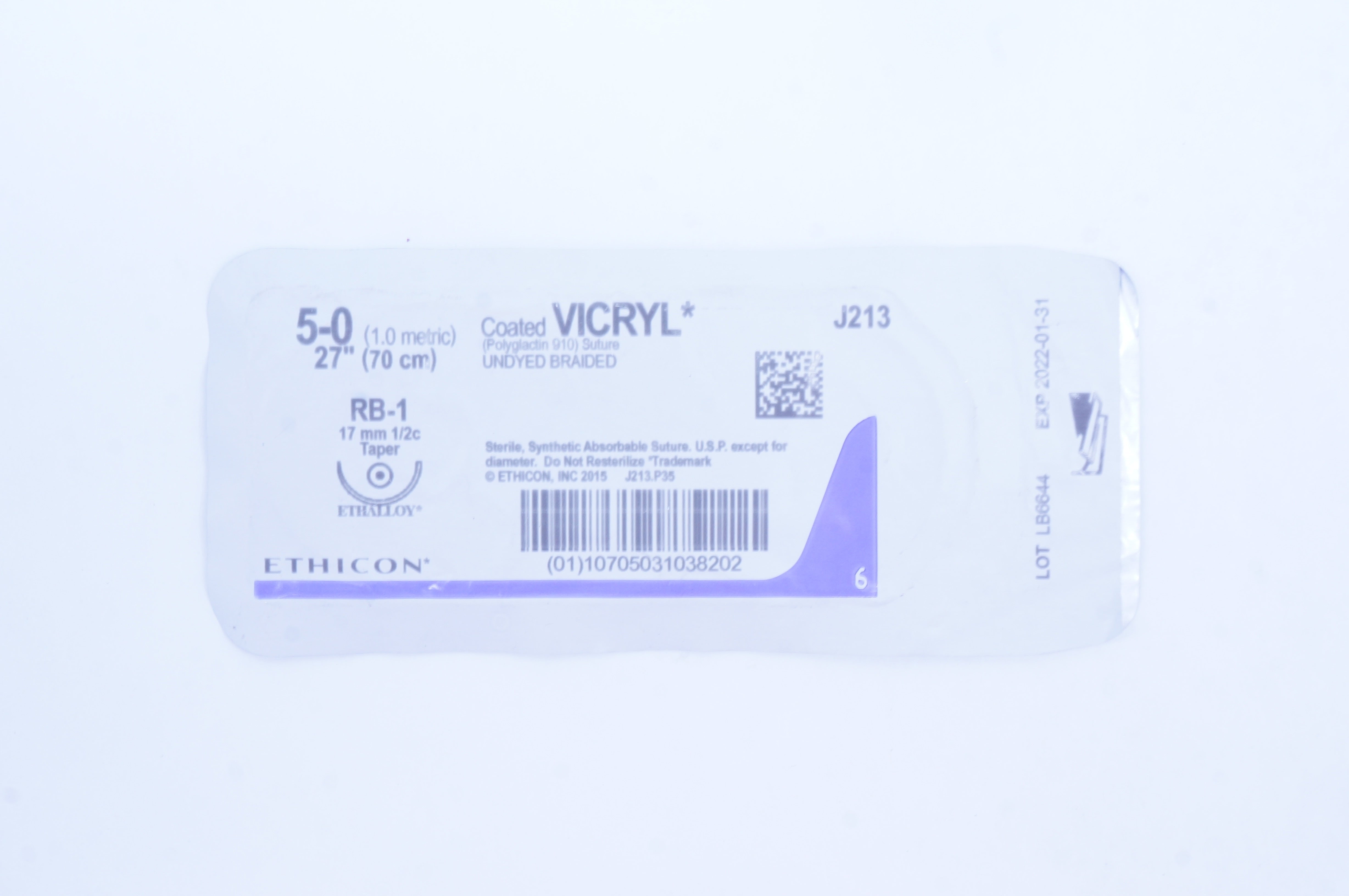 Ethicon J213 5-0 Coated VICRYL RB-1 17mm 1/2c Taper, 27inch (x)