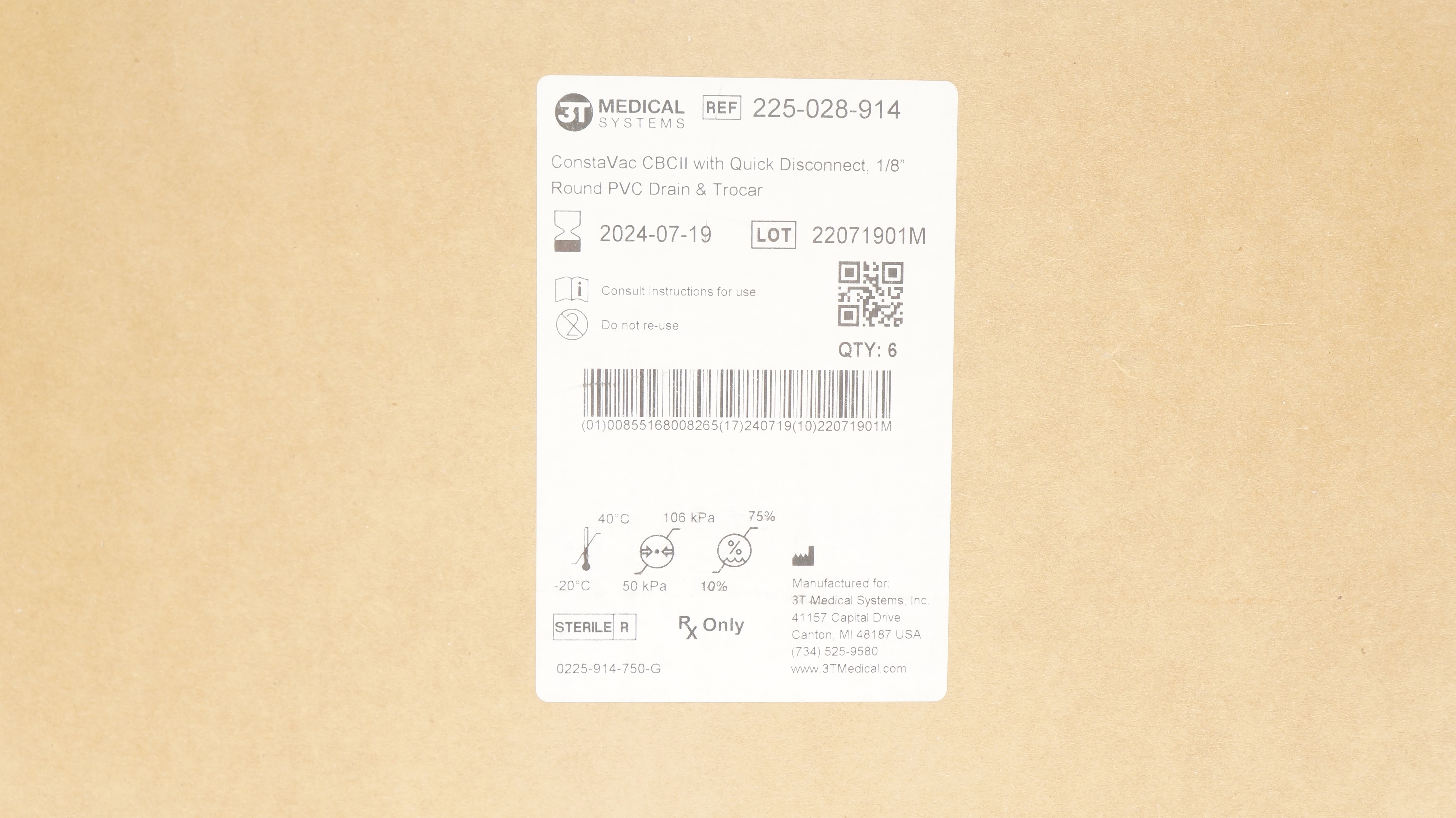 3T Medical 225-028-914 ConstaVac CBCII 1/8inch PVC Drain &Trocar (x) - Box of 6