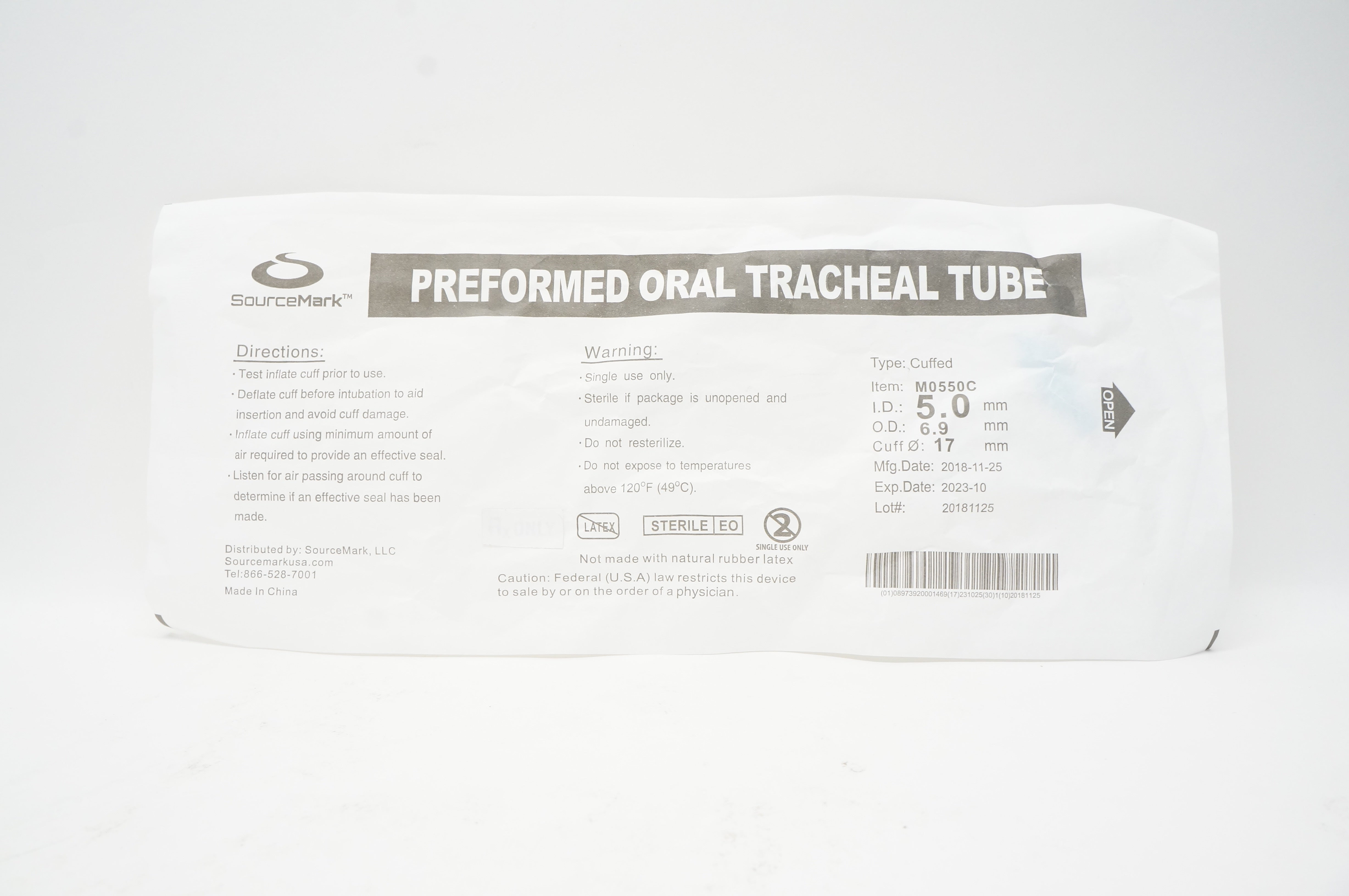 SourceMark M0550C Preformed Oral Tracheal Tube 5.0mm x 6.9mm