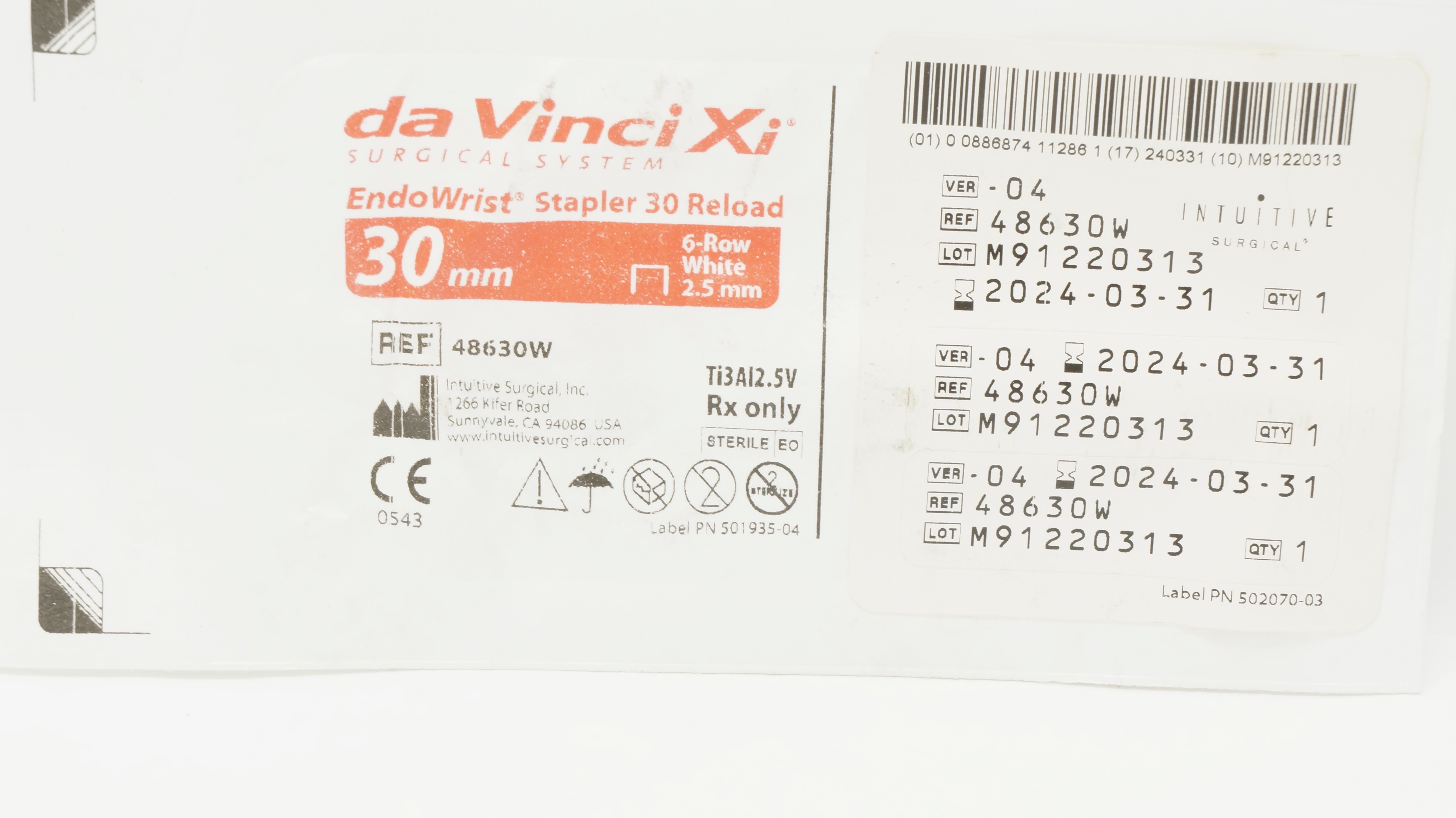 Intuitive Surgical 48630W Da VinciXi EndoWrist Stapler Reload White 30 x 2.5mm(x)