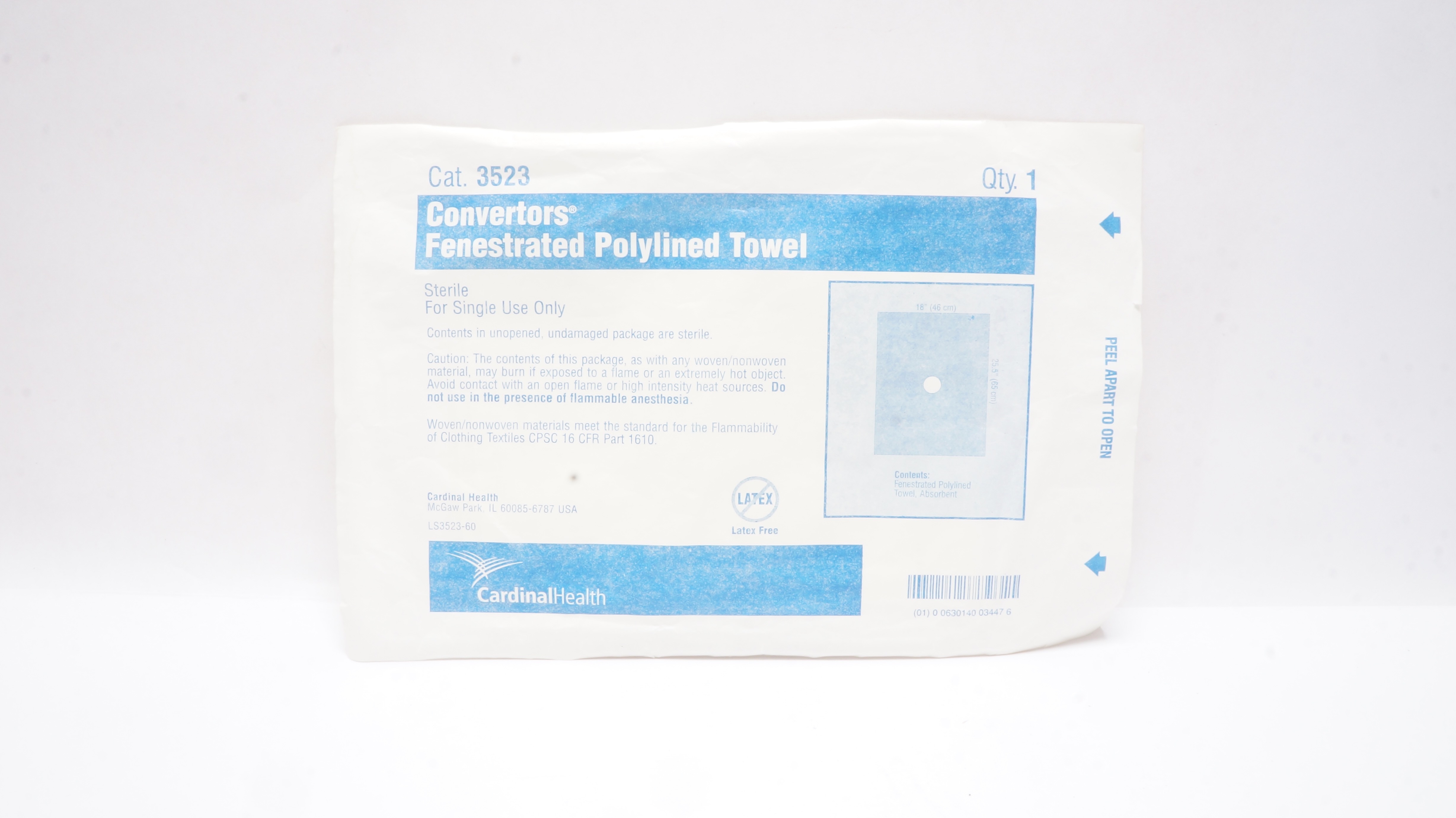 Cardinal Health 3523 Convertors Fenestrated Polylined Towel 18inch x 25.5inch