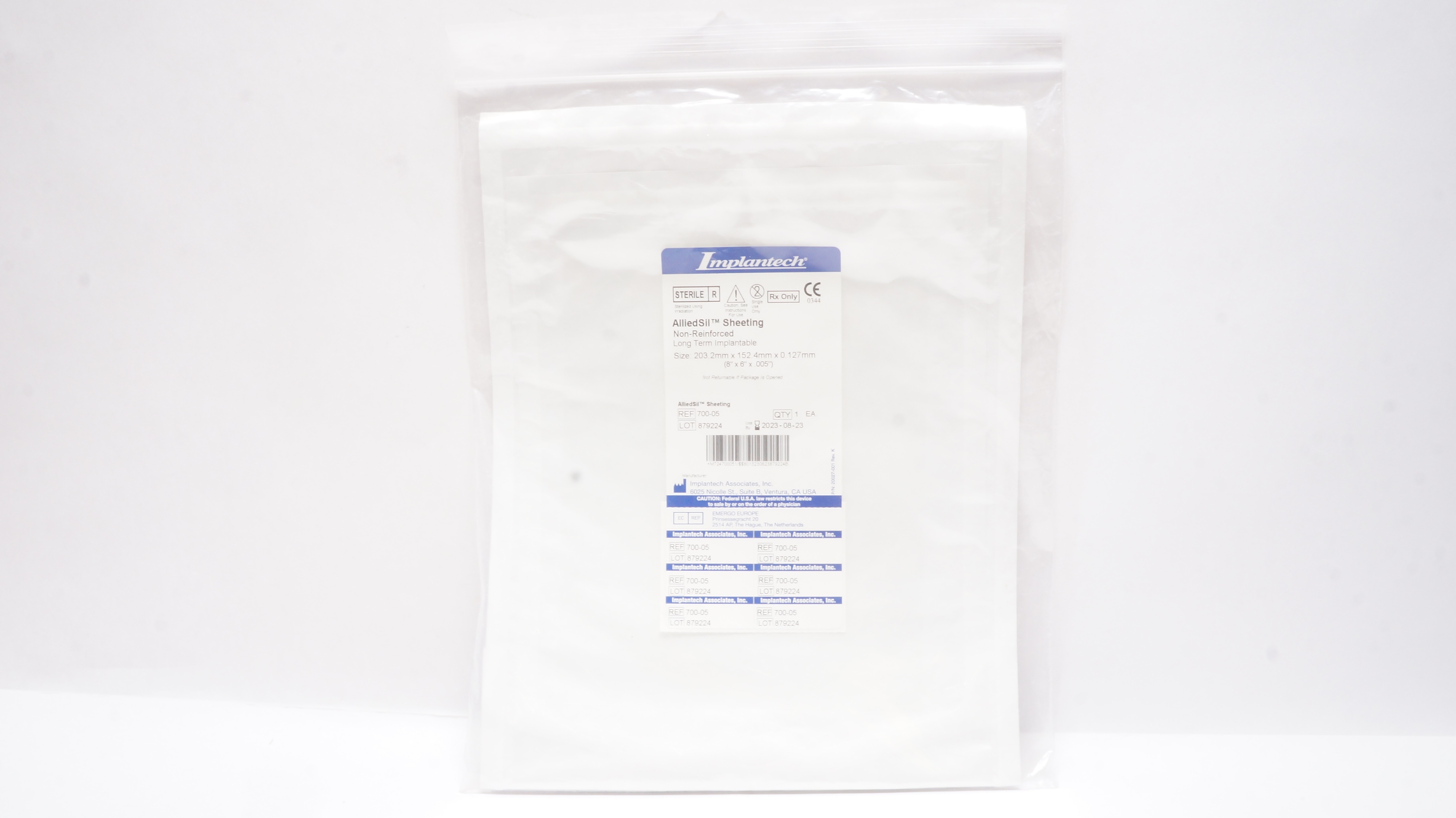 Implantech 700-05 AlliedSil Sheeting Non-Reinforced Implantable 8 x 6 x .005inch