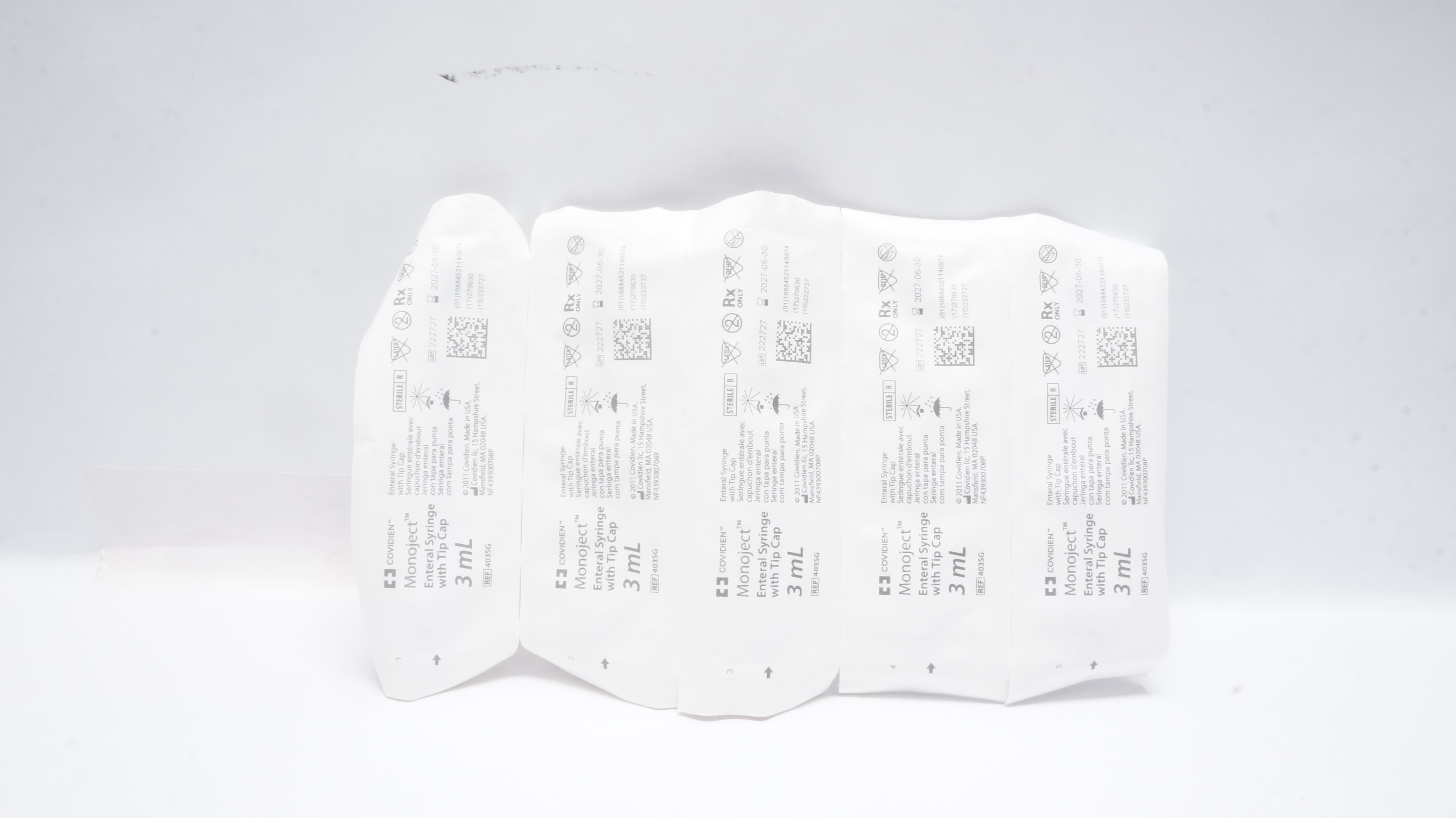 Covidien 403SG Monoject Enteral Syringe With Tip Cap 3mL - Lot of 5