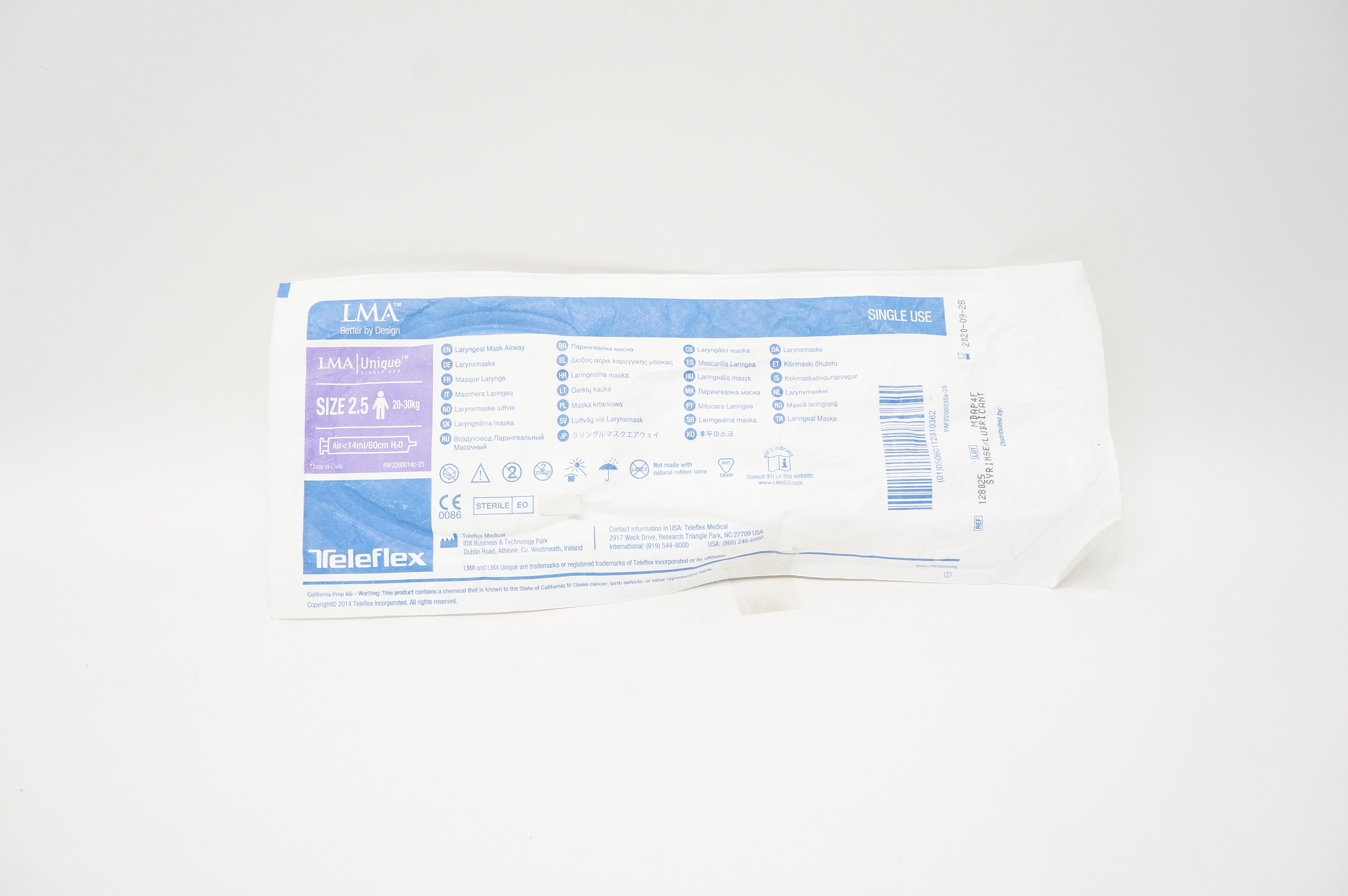 Teleflex 128025 LMA Uique Laryngeal Mask Airway 20-30kg, Air<14ml/60cm H2O (x)