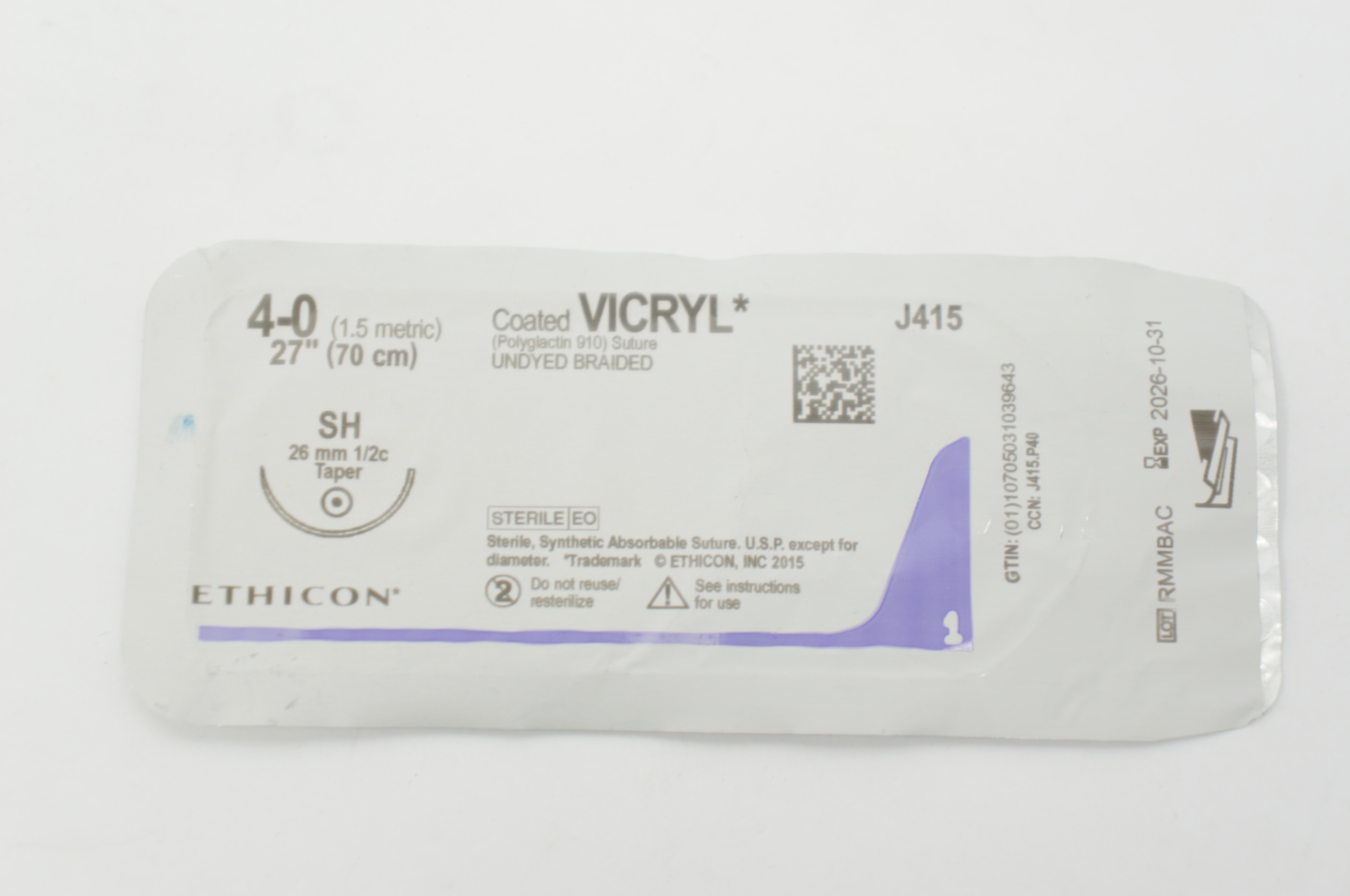 Ethicon J415 4-0 Coated Vicryl Stre Undyed Braided SH 26mm 1/2c Taper 27inch
