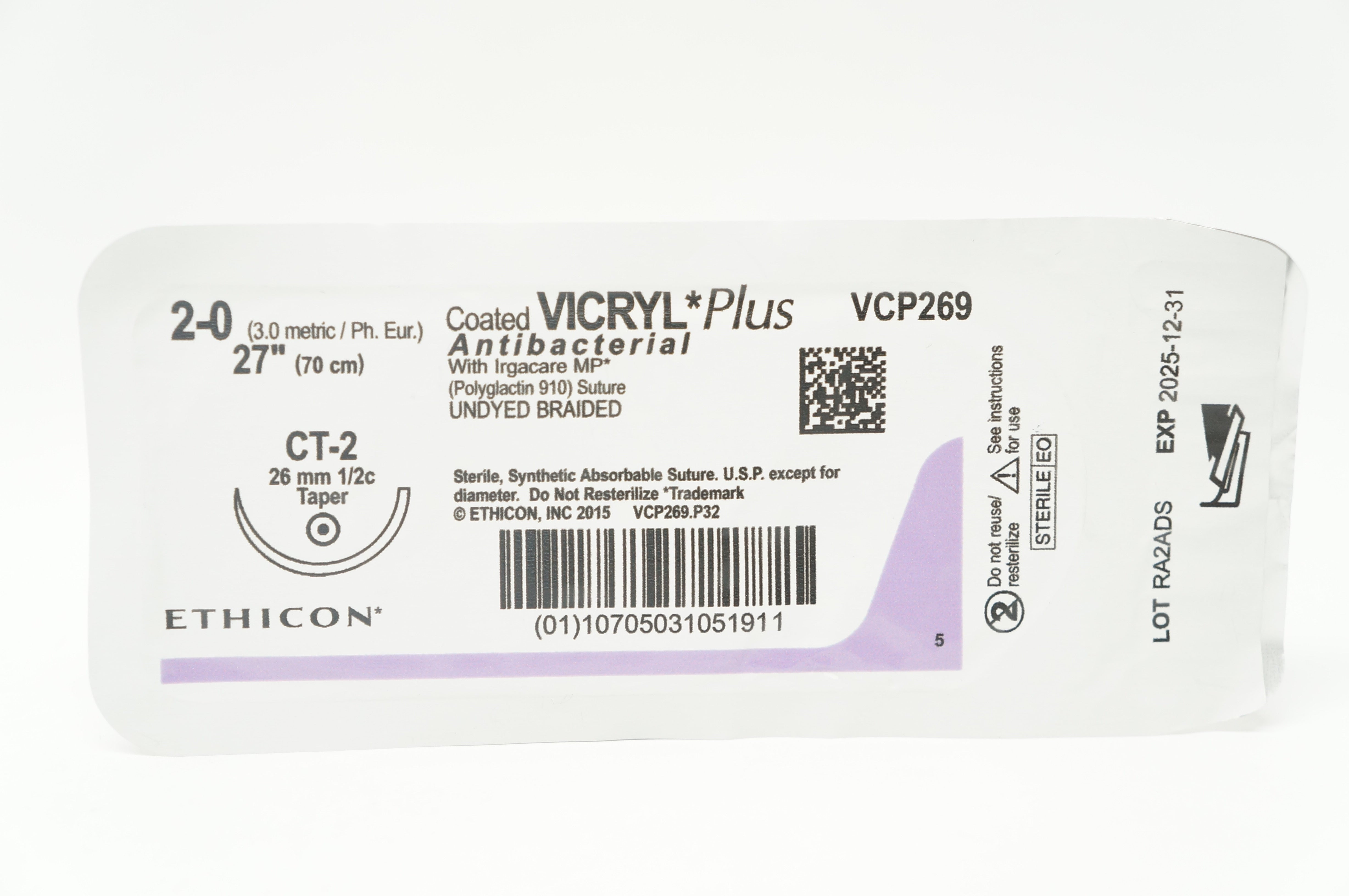 Ethicon VCP269 2-0 VICRYL Plus CT-2 26mm 1/2c Taper, 27inch