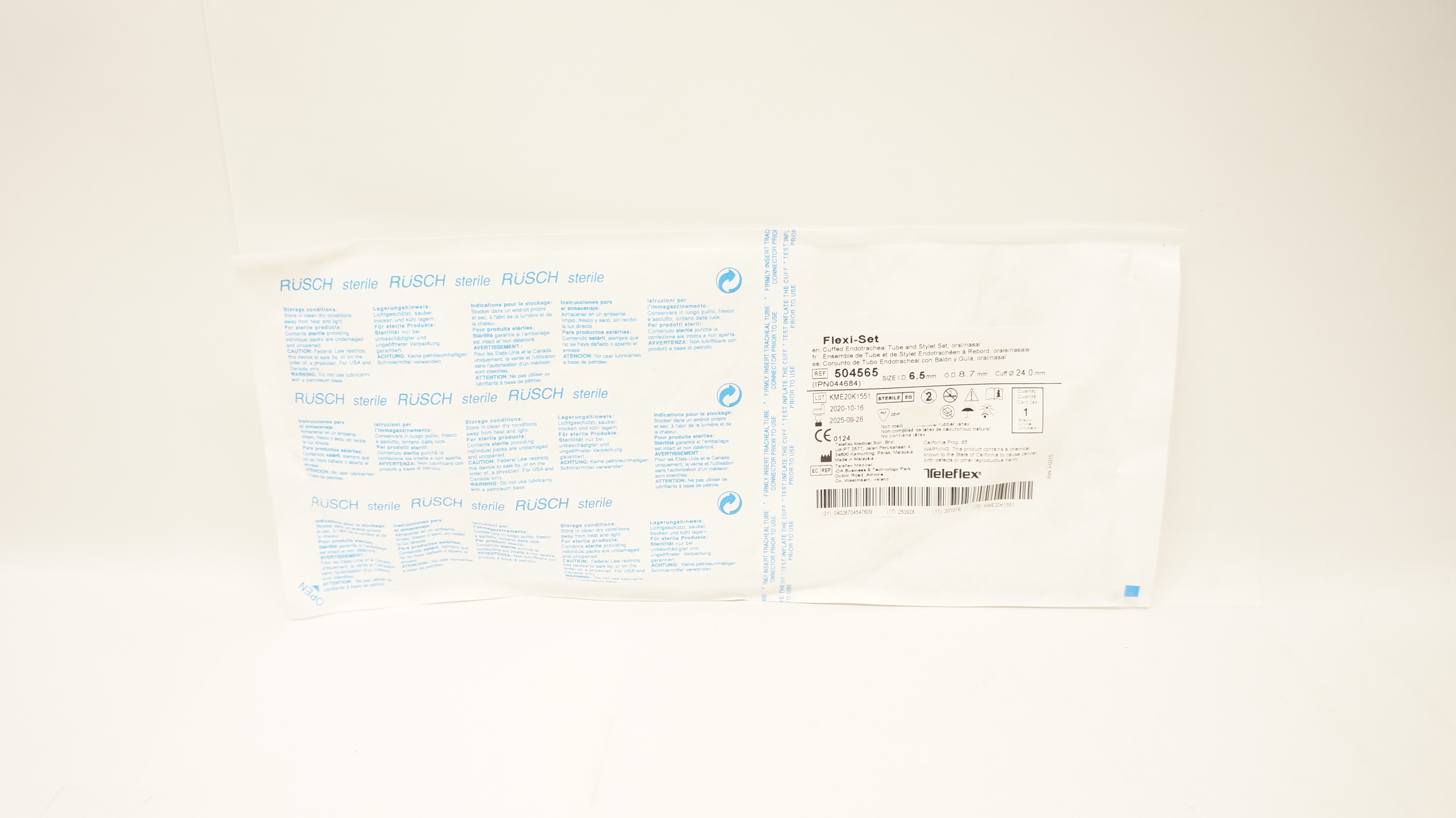 Teleflex 504565 Cuffed Endotracheal Tube Stylet Set 6.5 x 8.7 x 24mm