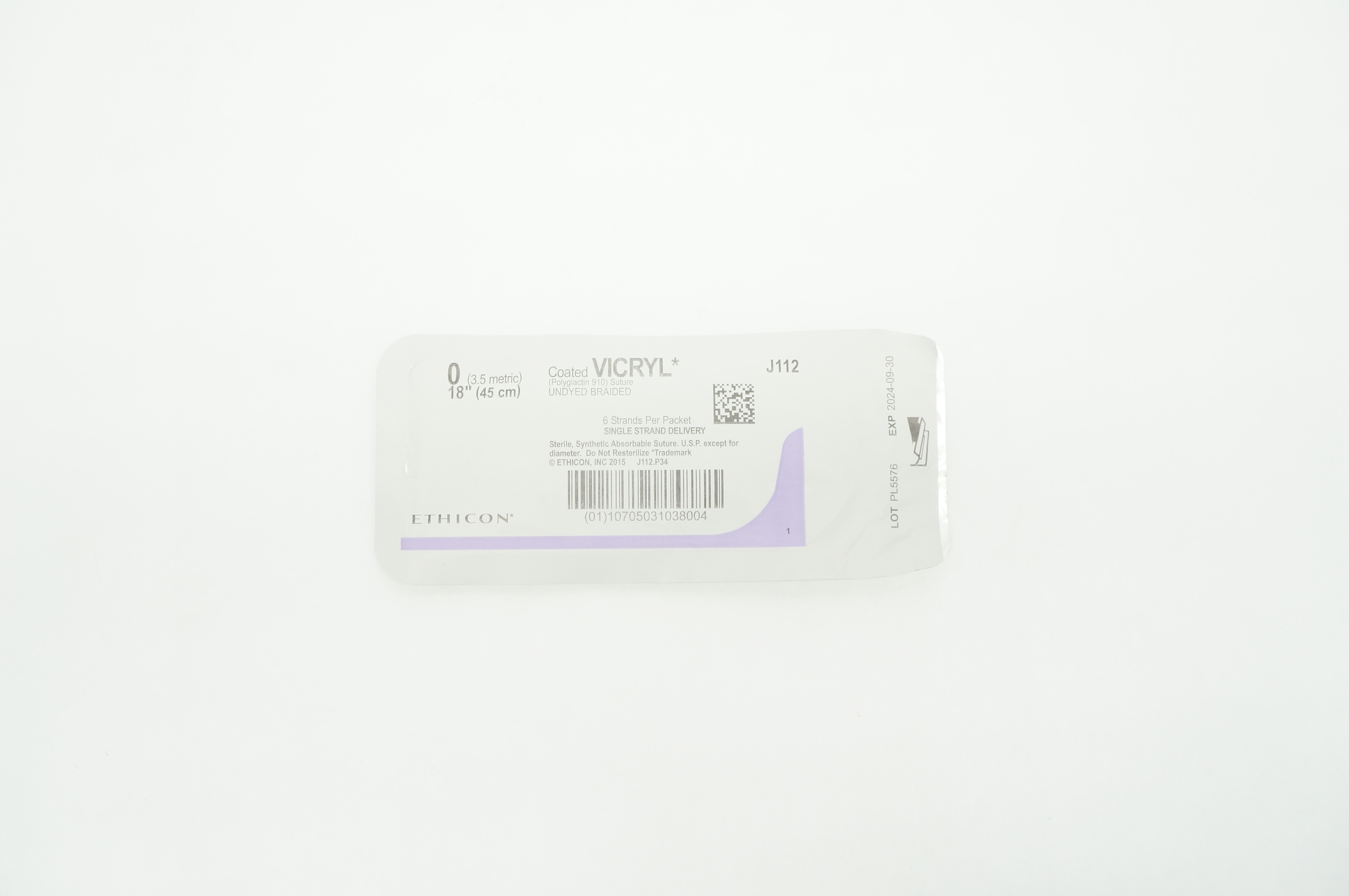 Ethicon J112 0 VICRYL, Undyed Braided, 18inch