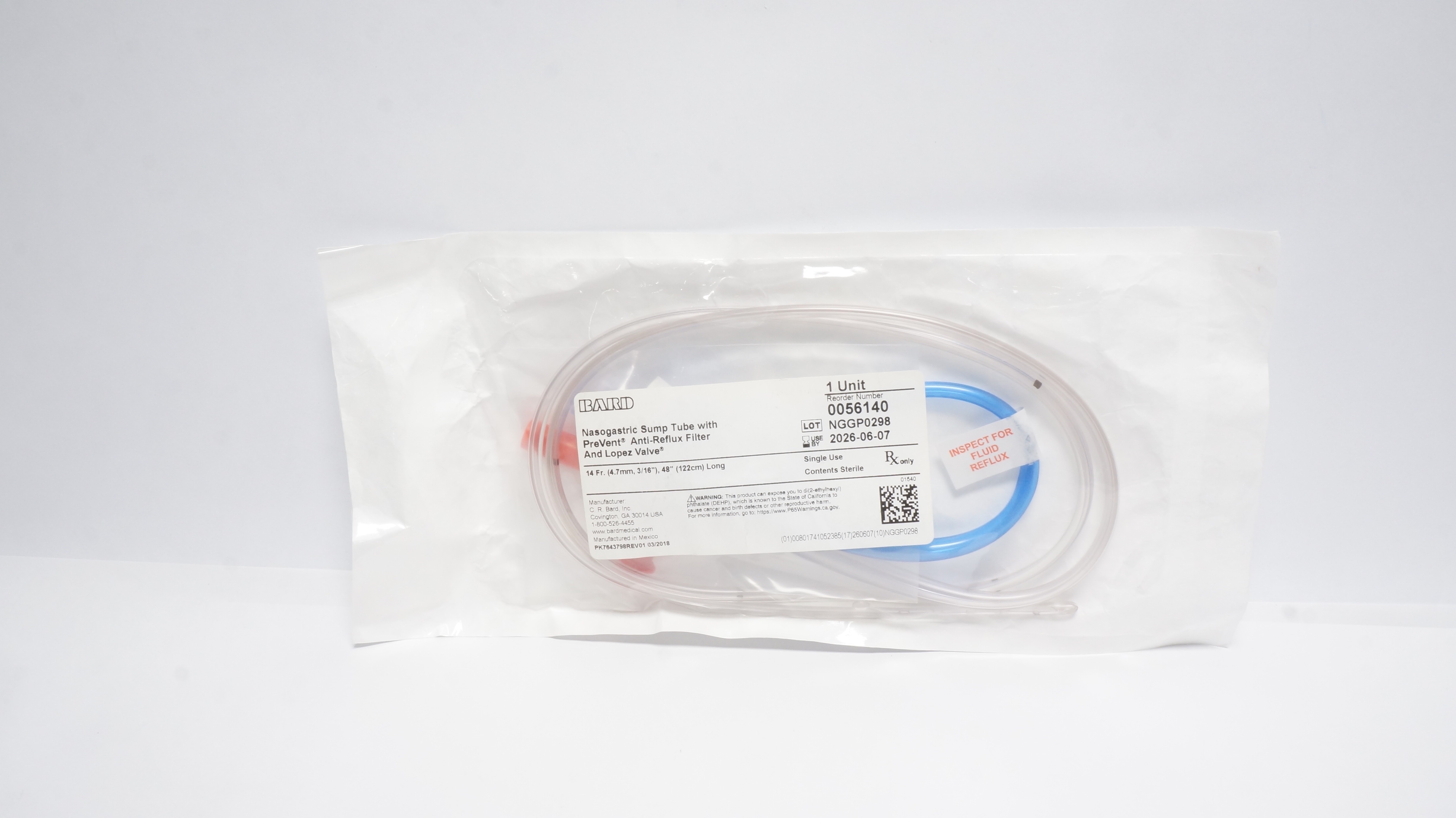 Bard 0056140 Nasogastric Sump Tube W/PreVent Anti-Reflux Filter & Valve 14Frx48In