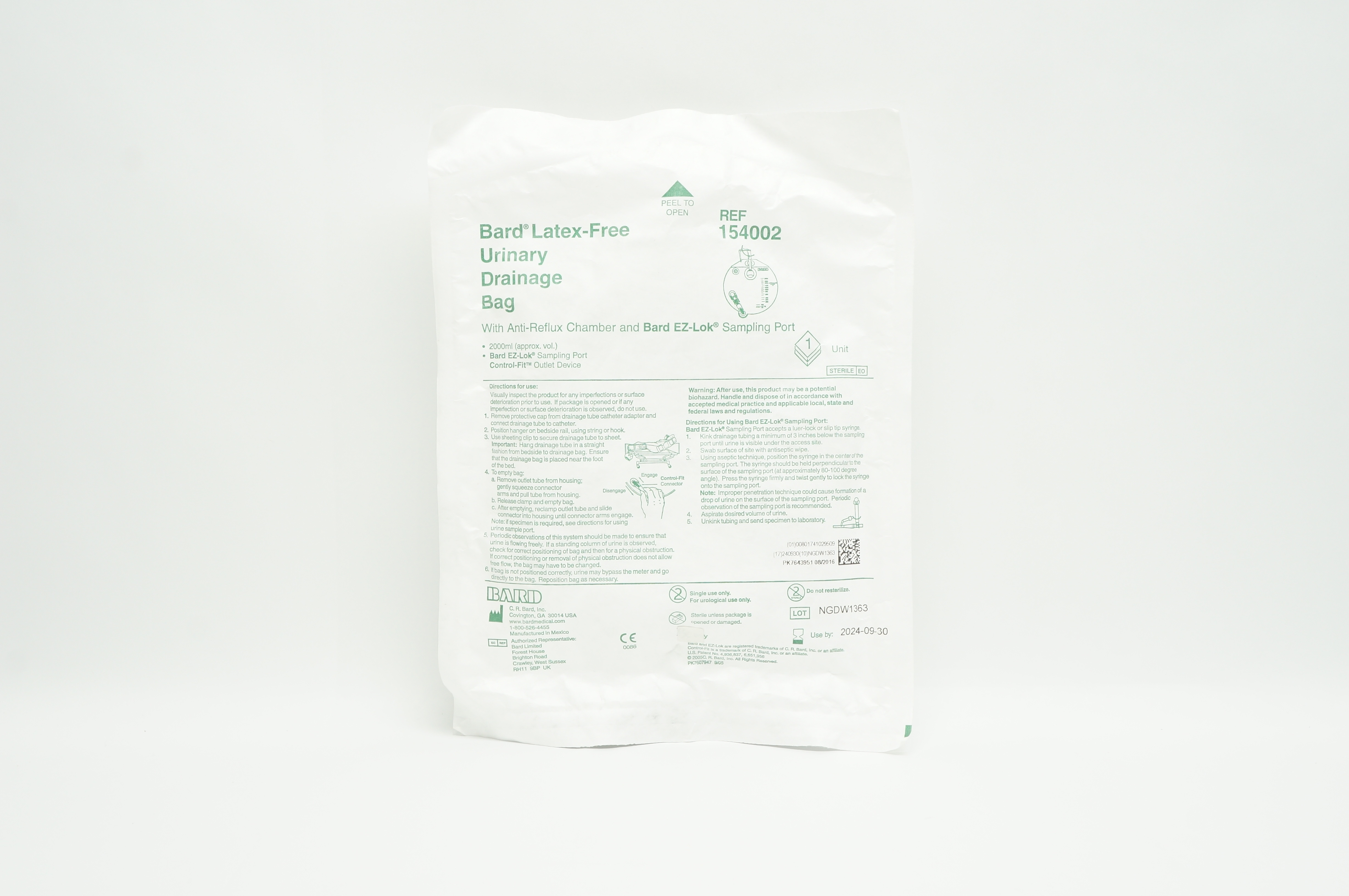 Bard 154002 Latex-Free Urinary Drainage Bag 2000ml