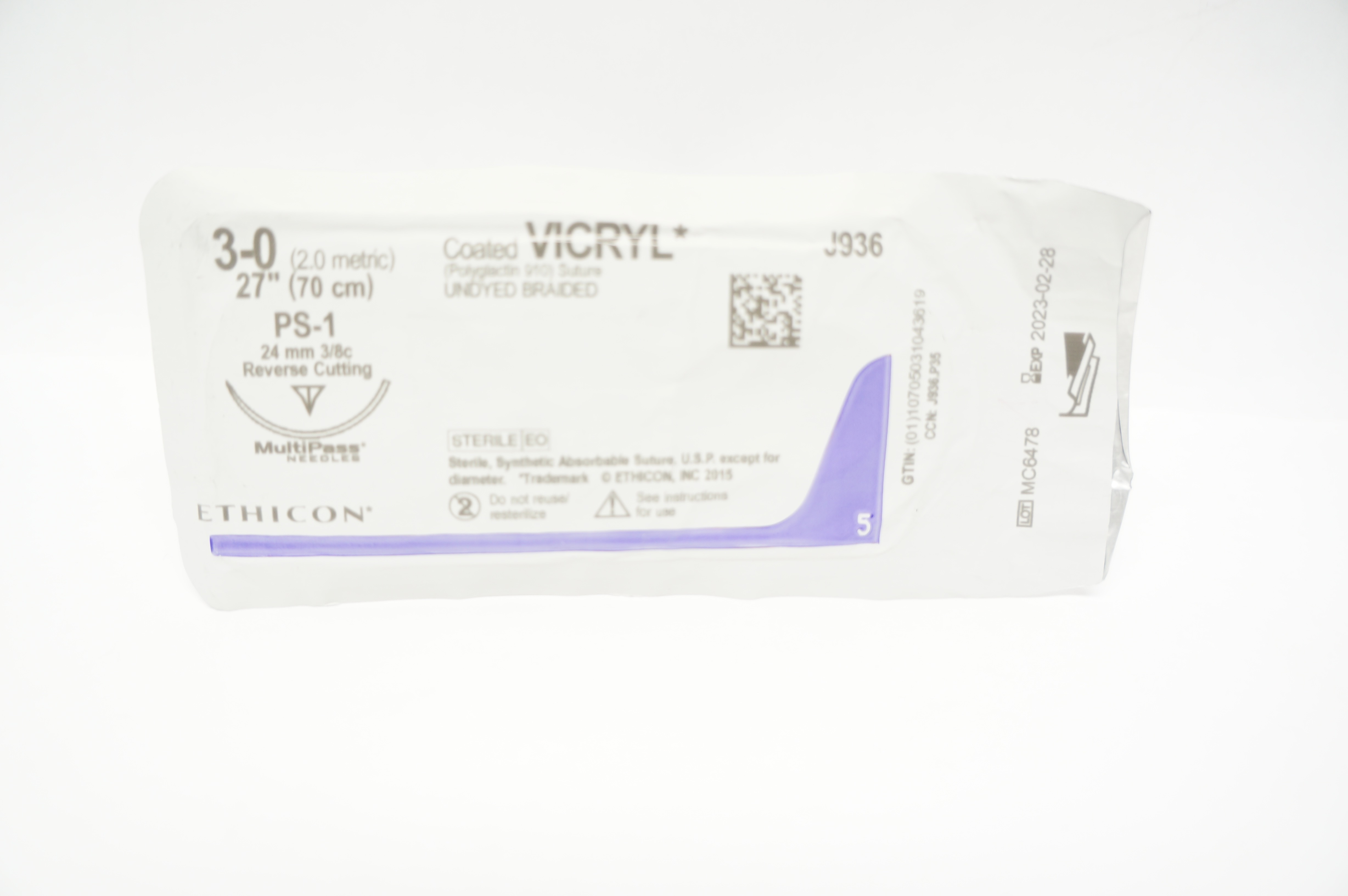 Ethicon J936 3-0 VICRYL, PS-1, 24mm 3/8c, Reverse Cutting, 27inch (x)