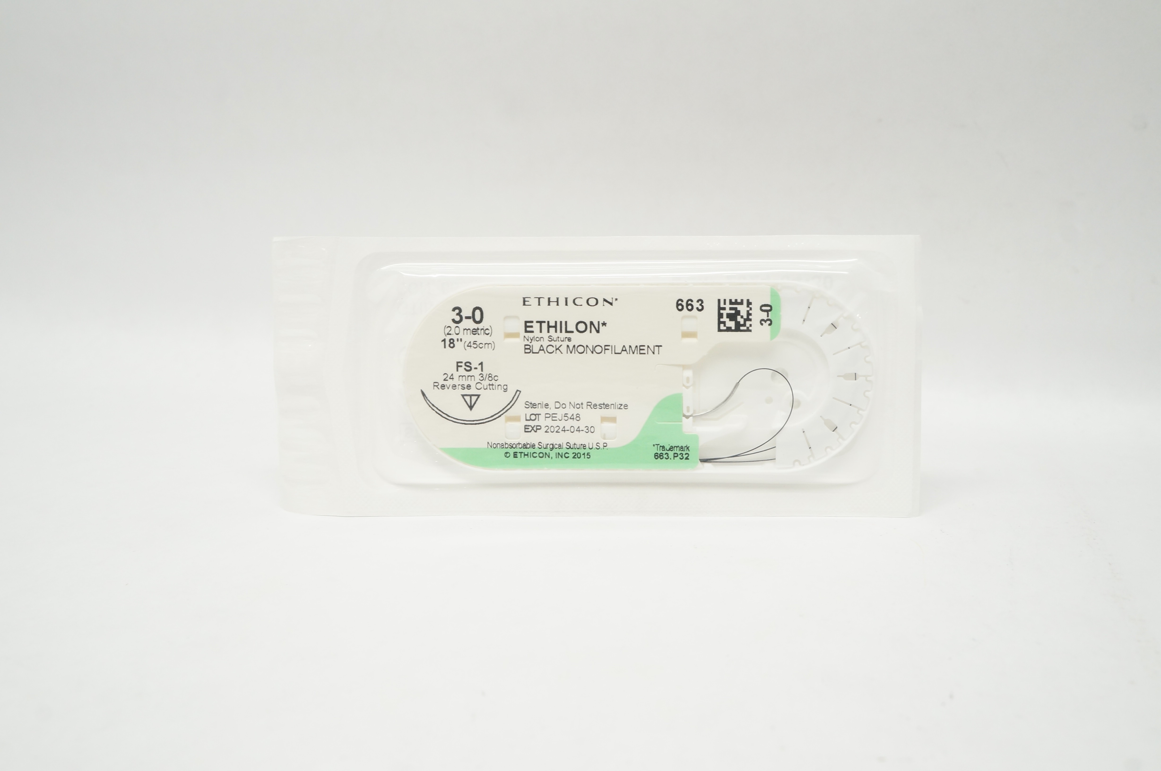 Ethicon 663 3-0 Ethilon Nylon Stre FS-1 24mm 3/8c Reverse Cutting, 18inch