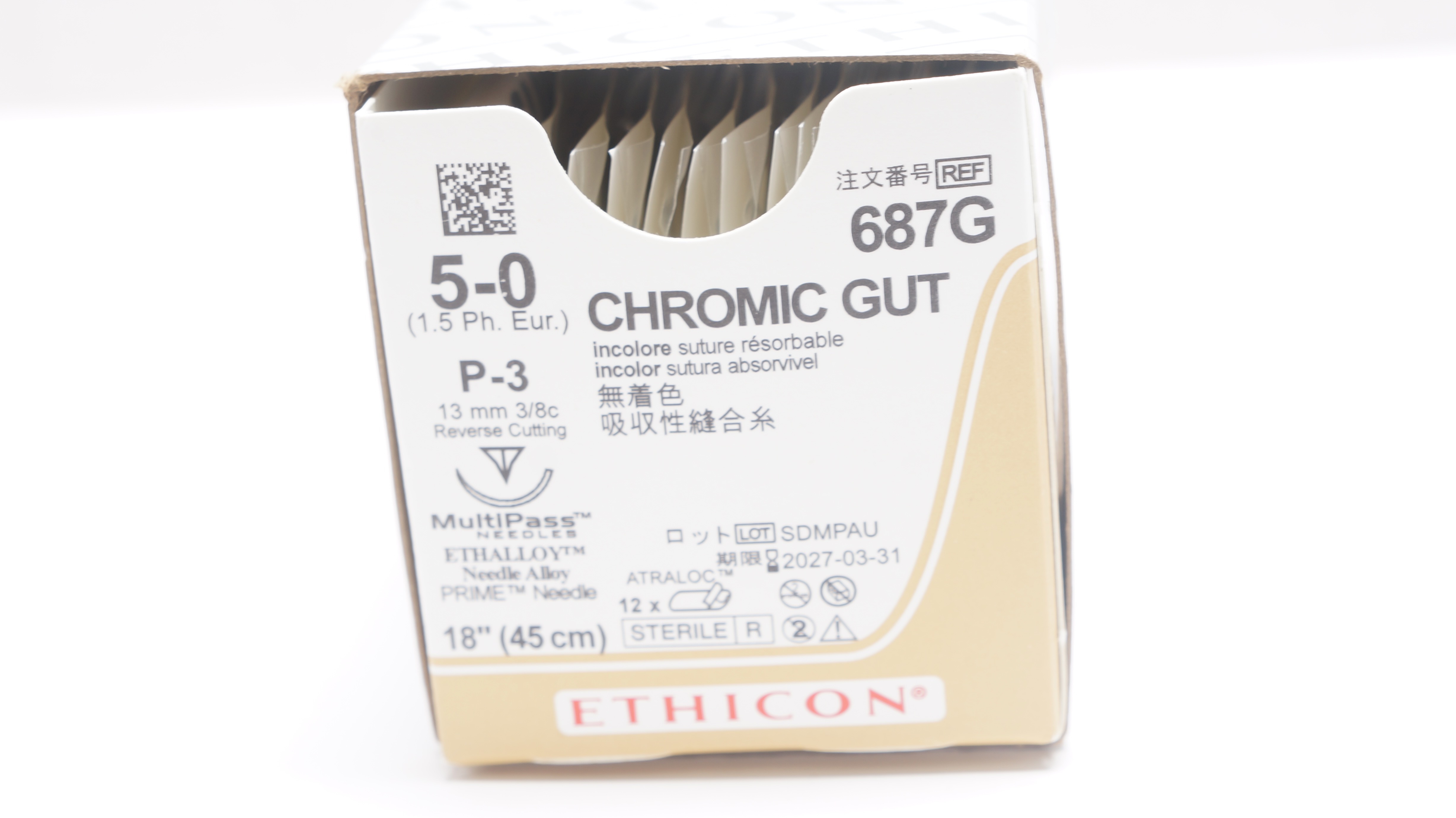 Ethicon 687G 5-0 CHROMIC GUT P-3 13mm 3/8c Reverse Cutting 18inch - Box of 12