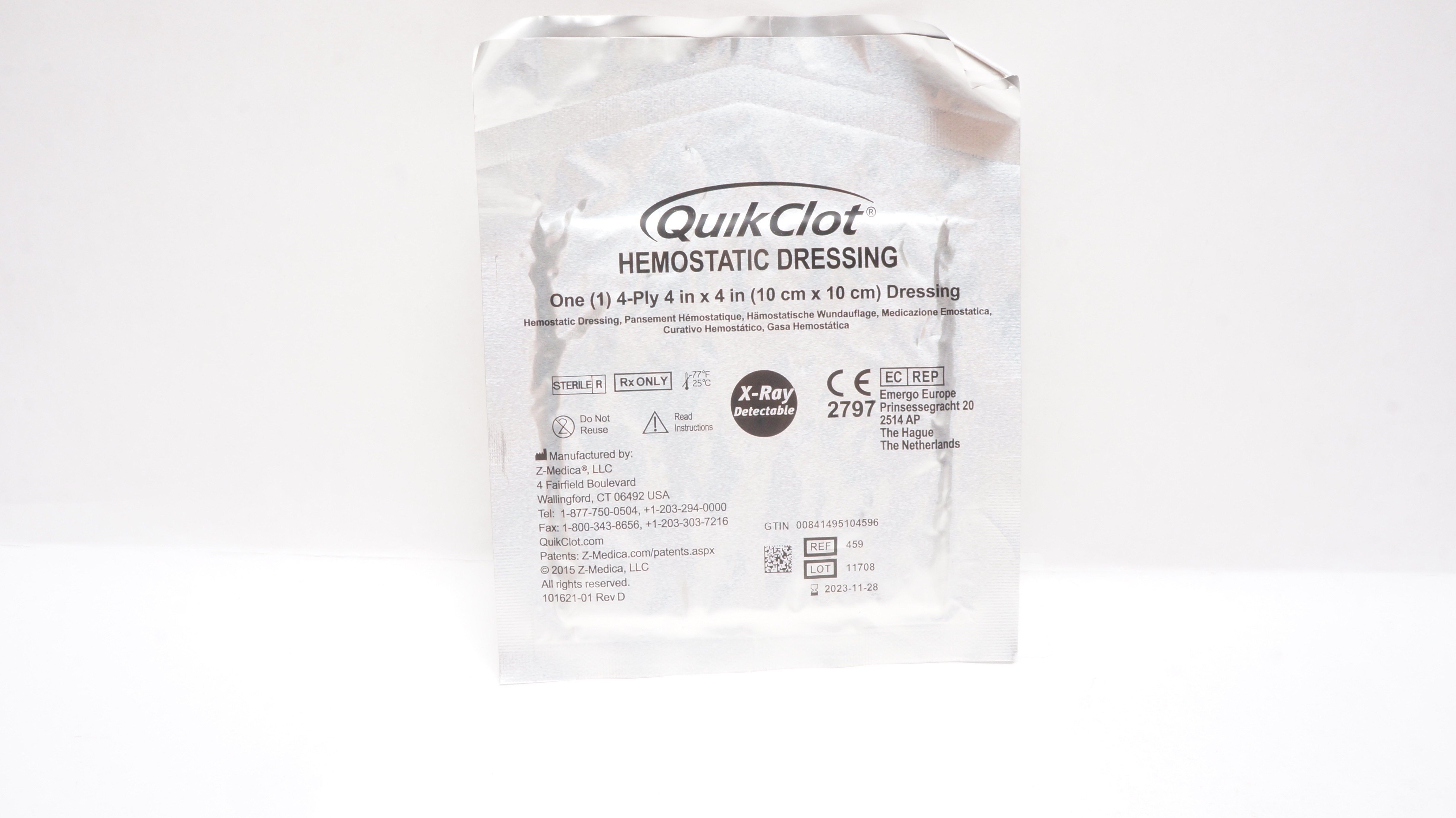 Z-Medica 459 QuikClot Hemostatic Dressing, 4-Ply 4inch x 4inch