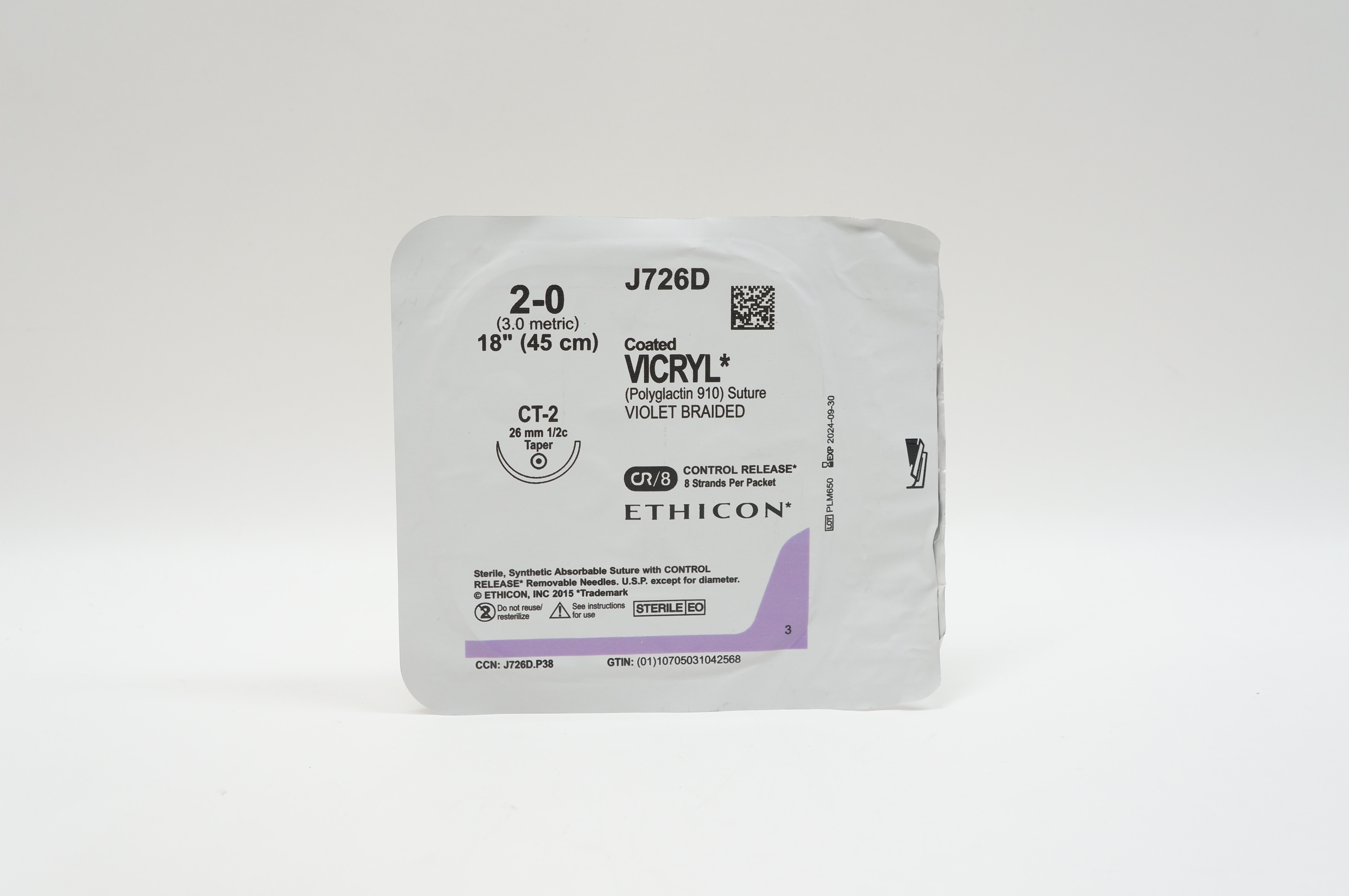 Ethicon J726D 2-0 VICRYL, CT-2, 26mm 1/2c Taper, 18inch