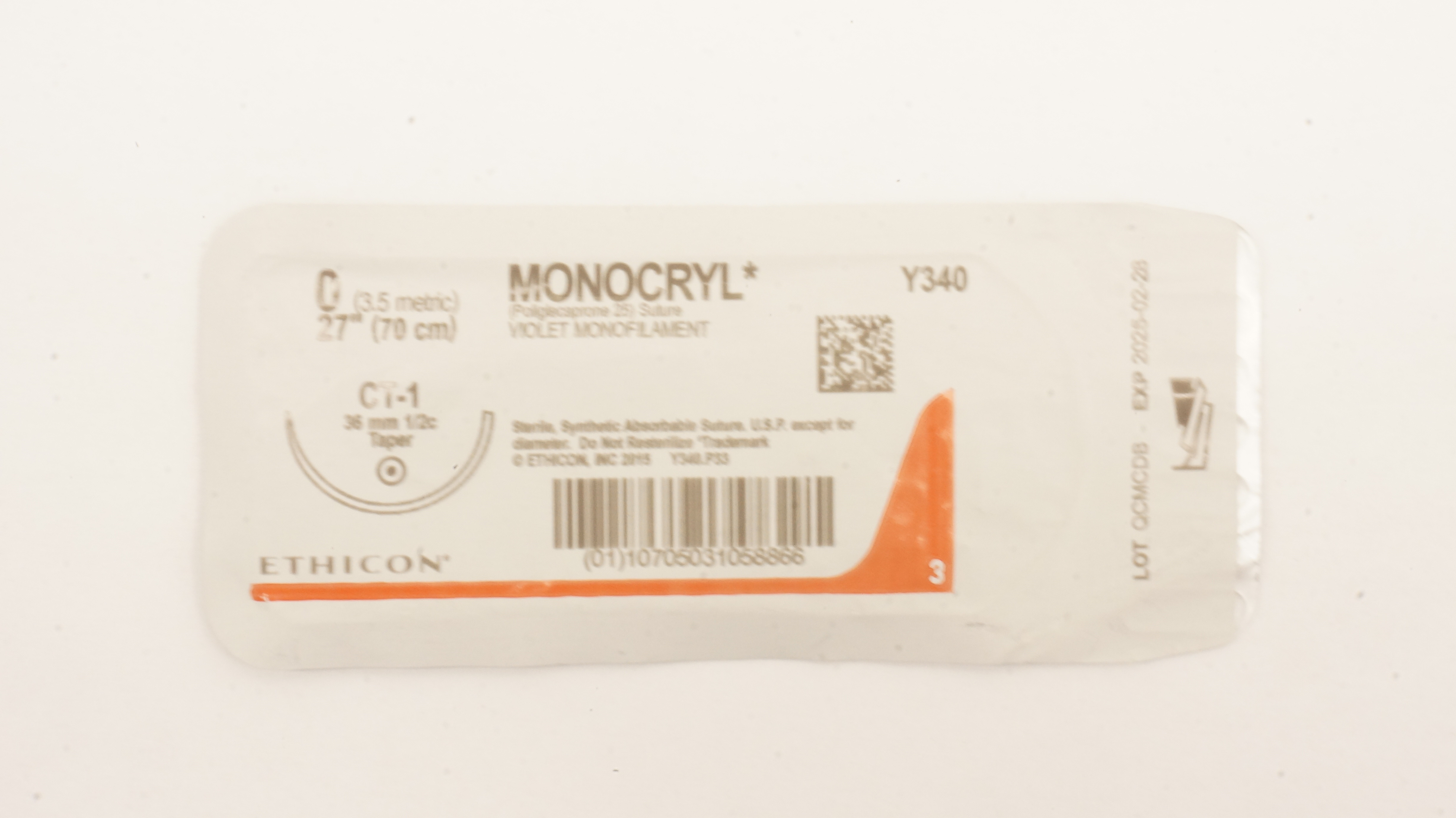 Ethicon Y340 0 MONOCRYL Violet Monofilament Stre CT-1 36mm 1/2c Taper, 27inch