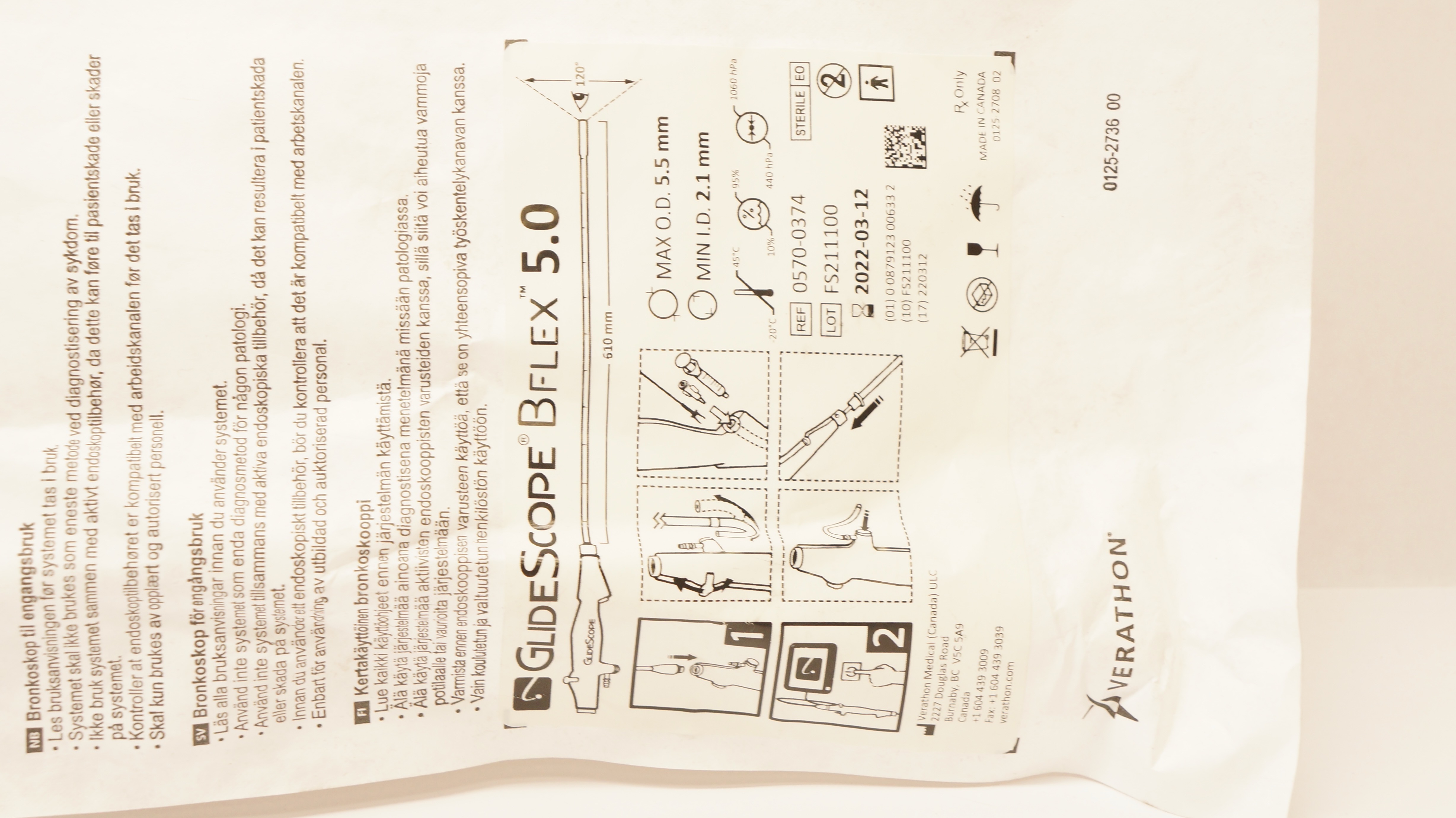 Verathon 0570-0374 GlideScope BFlex Single Use Bronchoscope 5.0 (x)