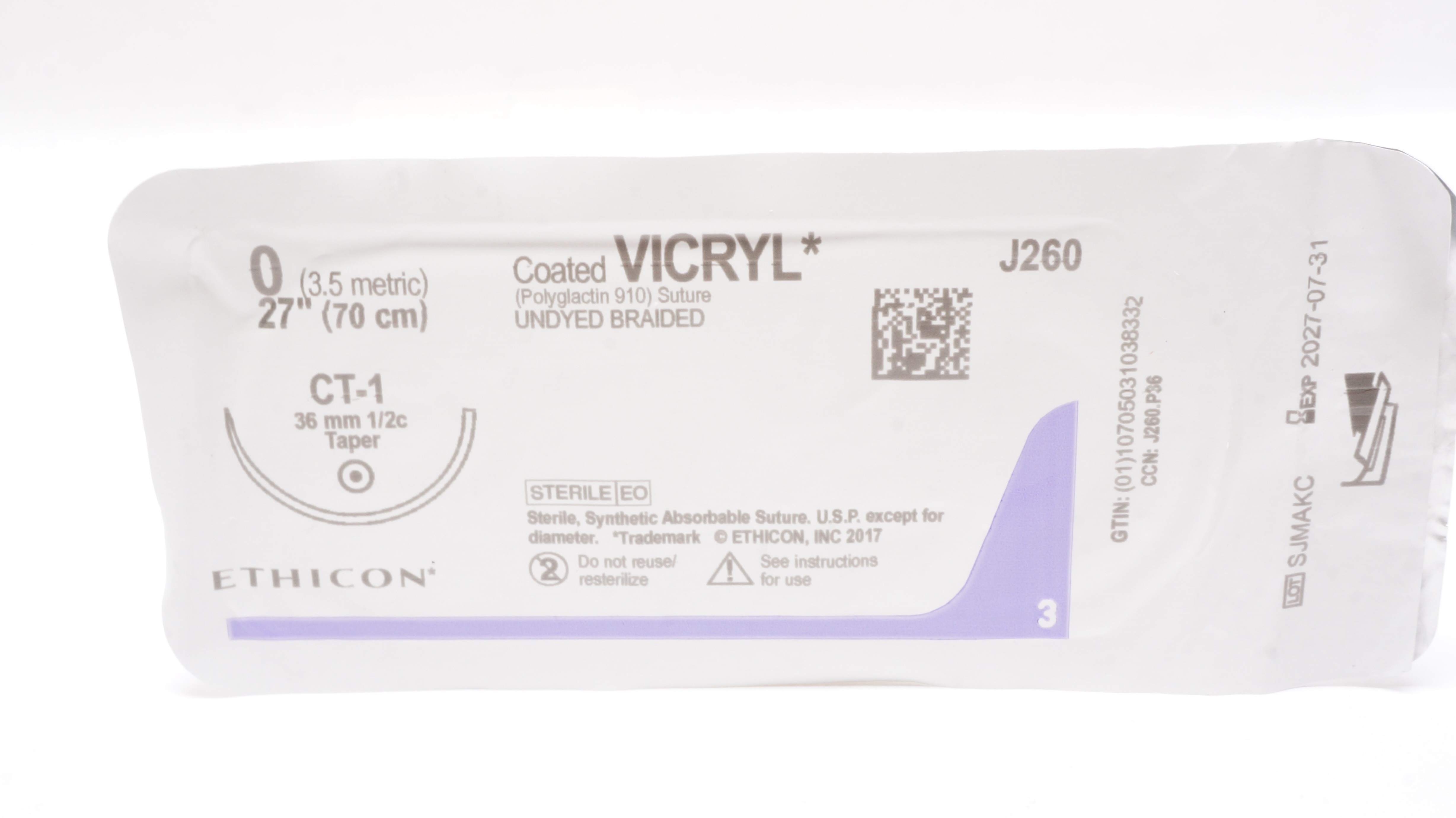 Ethicon J260 0 VICRYL, CT-1, 36mm 1/2c Taper, 27inch