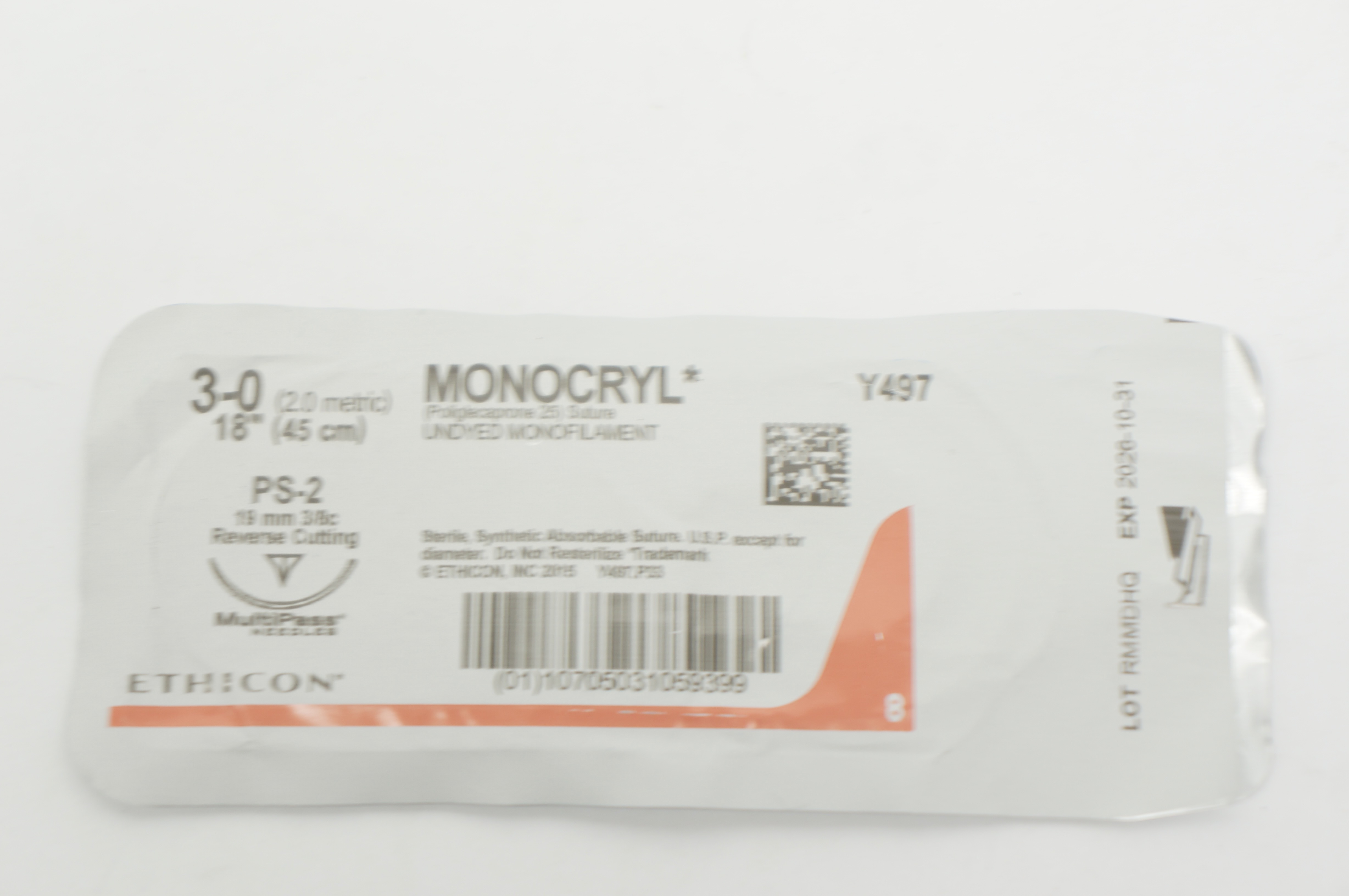 Ethicon Y497 3-0 MONOCRYL Stre PS-2 19mm 3/8c Reverse Cutting 18inch