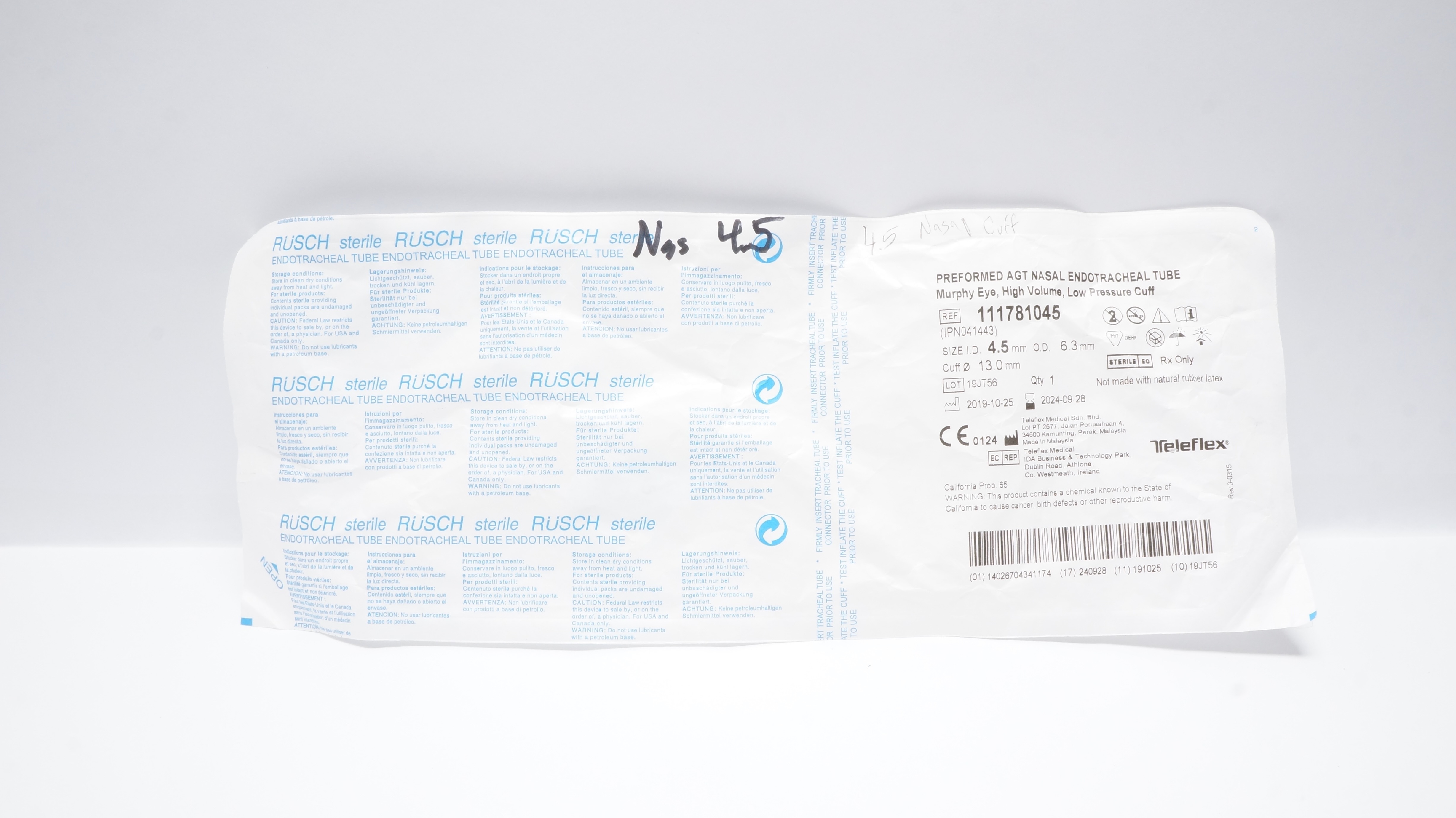 Teleflex 111781045 Preformed AGT Nasal Endotracheal Tube 4.5ID x 6.3OD x 13mm(x)