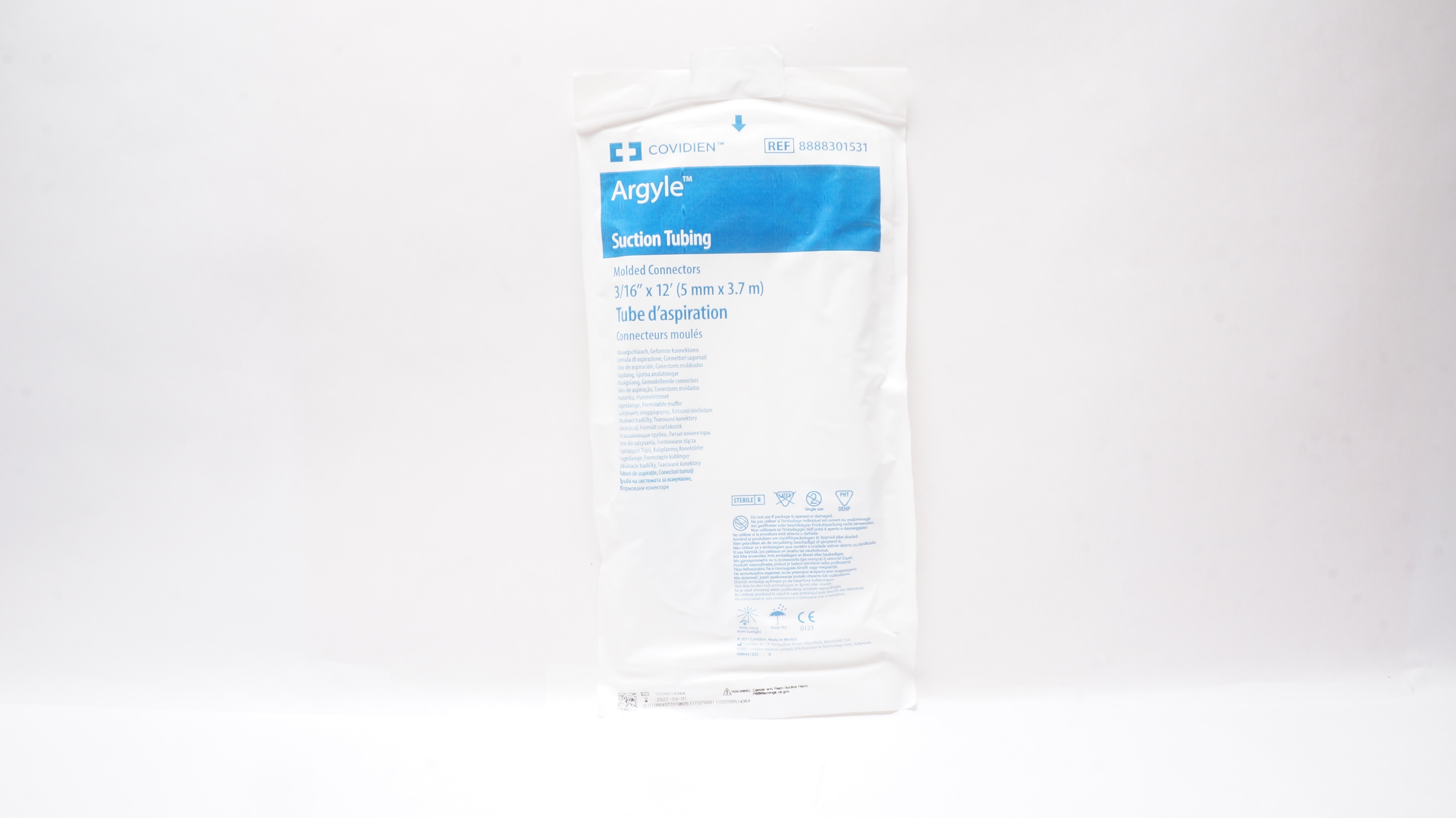 Covidien 8888301531 Argyle Suction Tubing Molded Connectors 3/16inch x 12Ft.