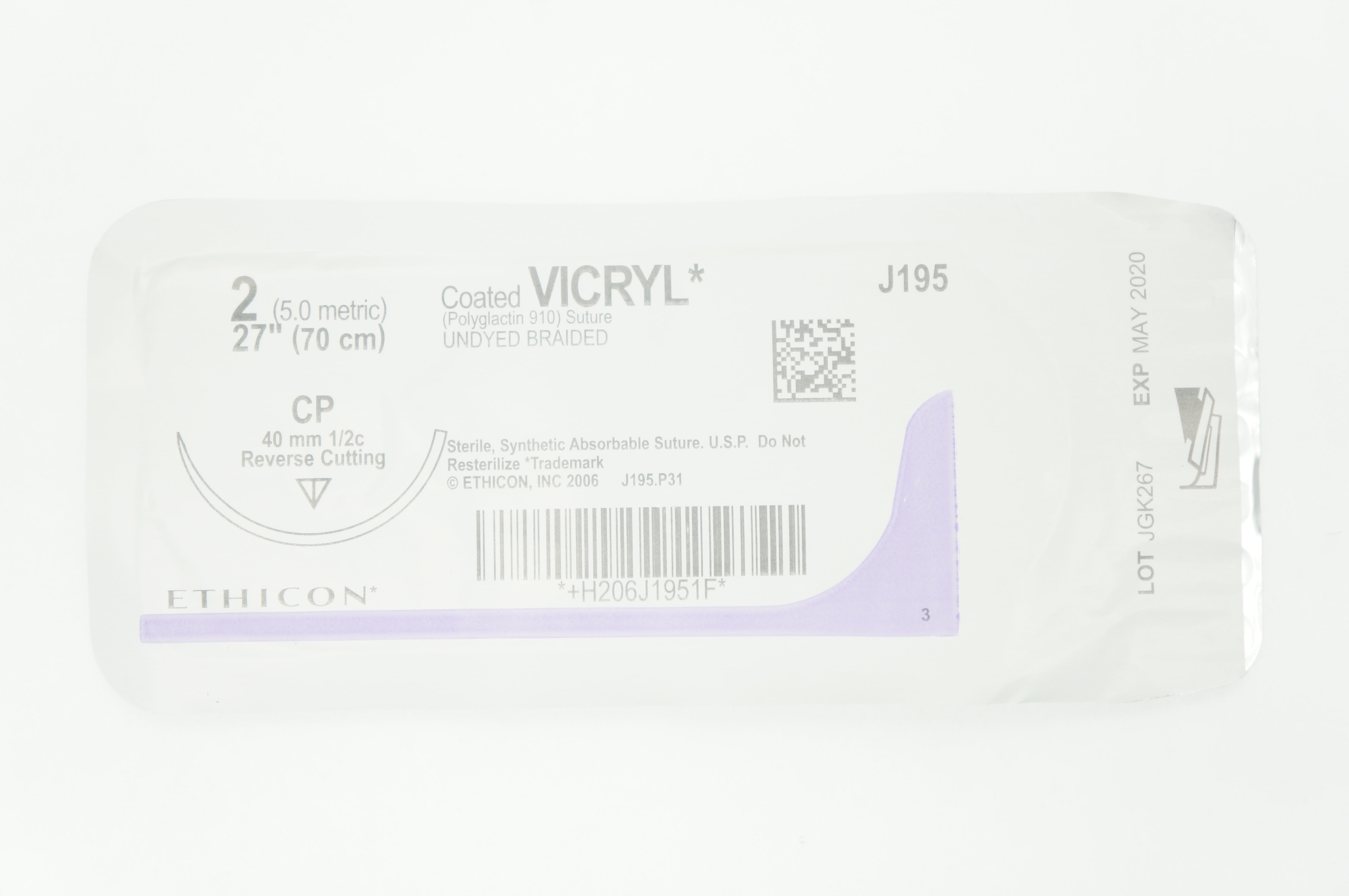 Ethicon J195 2 Vicryl CP 40 mm 1/2c Reverse Cutting 27 inch (x)