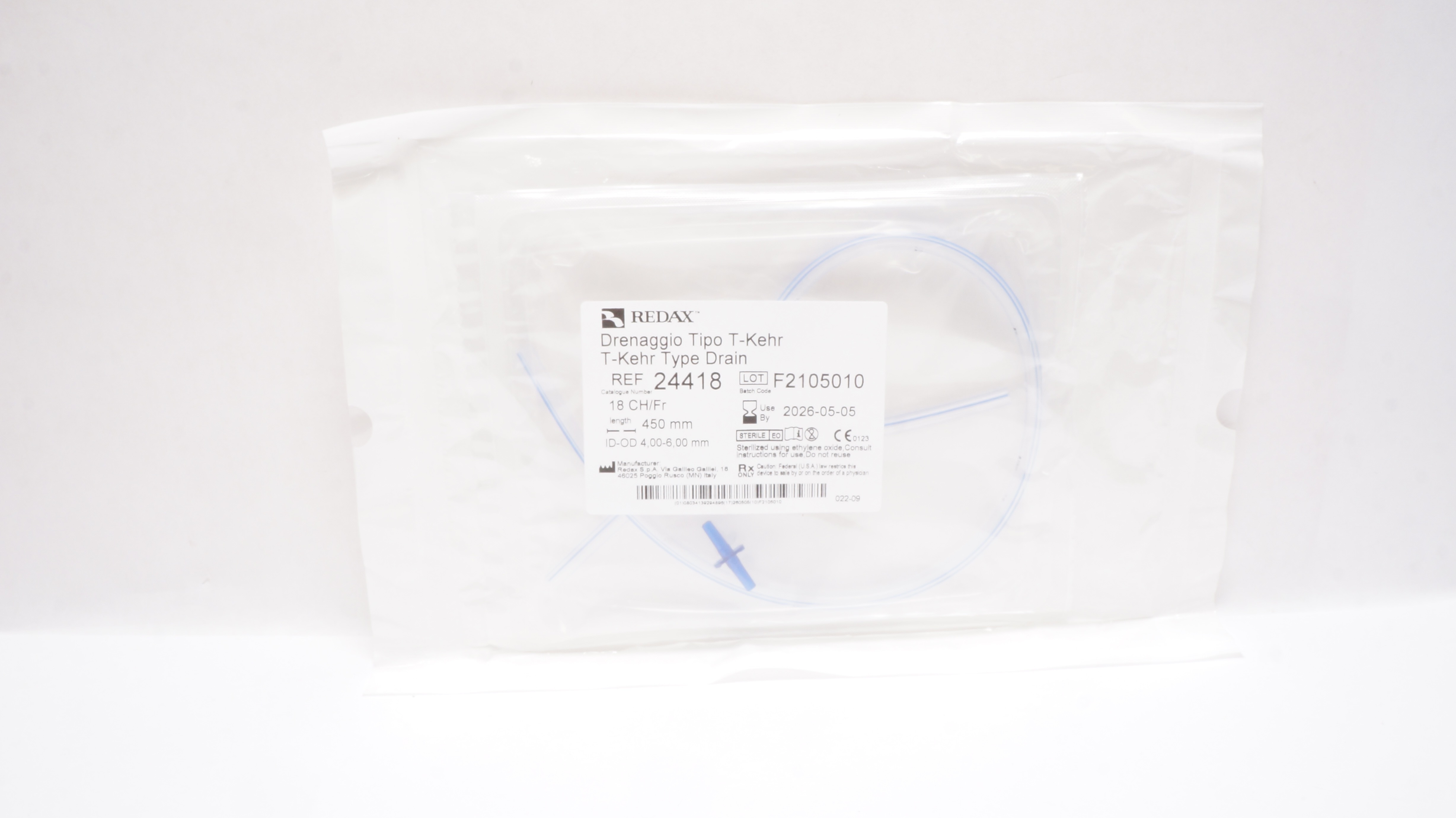 Redax 24418 Drenaggio Tipo T-Kehr Type Drain 18CH/Fr x 450mm, ID-OD 4.00-6.00mm