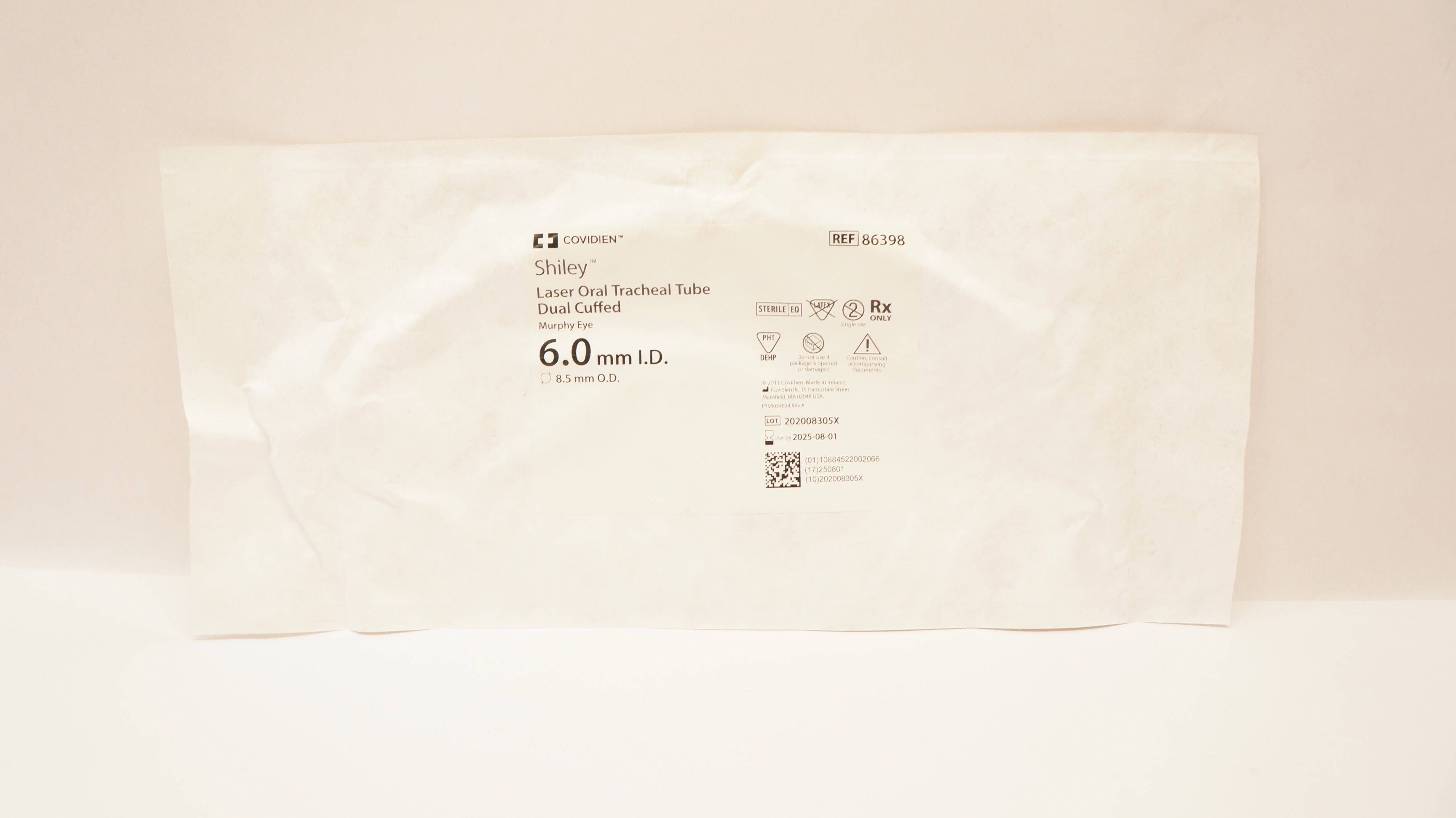 Covidien 86398 Shiley Laser Oral Tracheal Tube Dual, Cuffed 6.0mm ID x 8.5mm OD