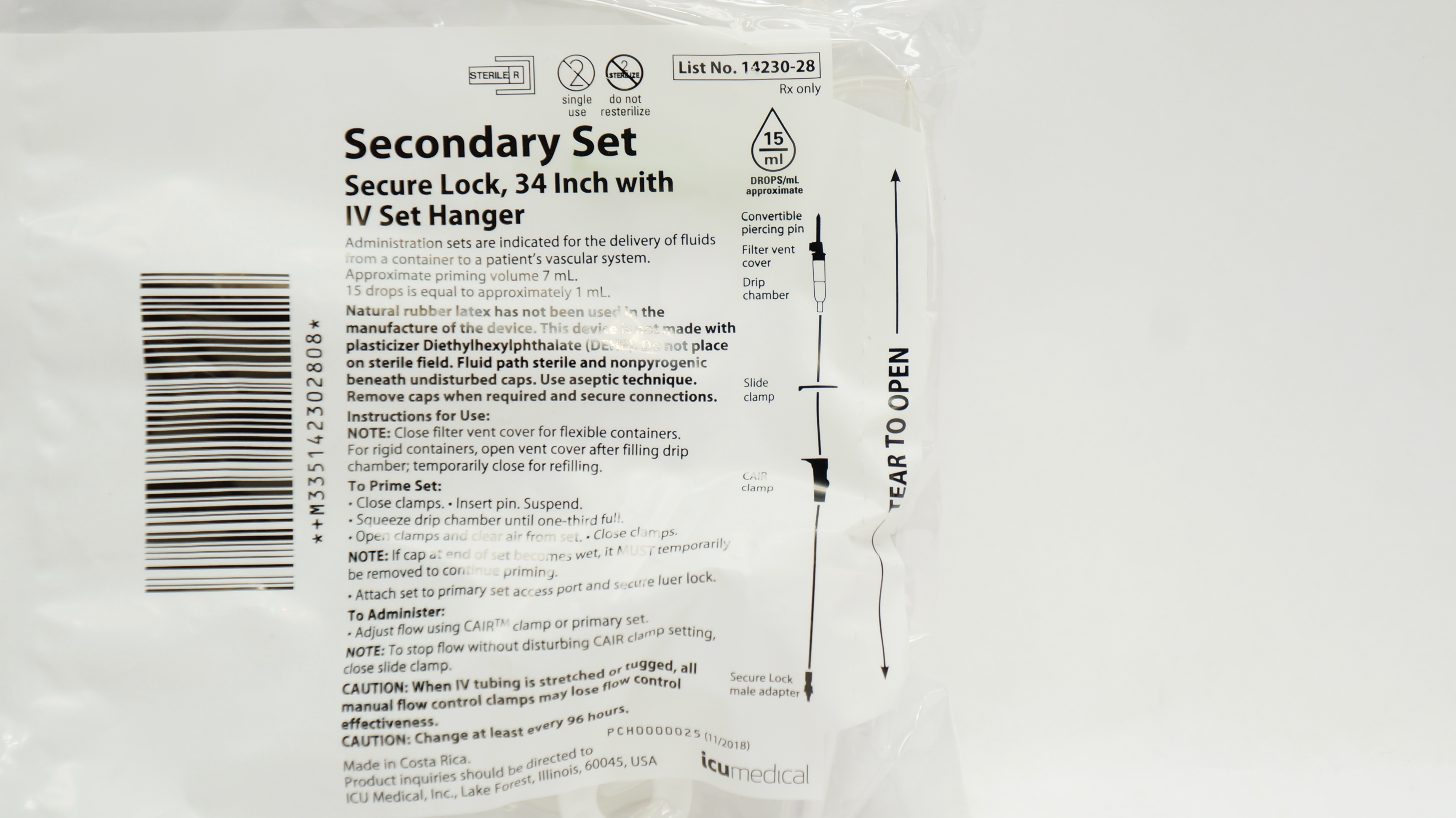 ICU Medical 14230-28 SecondarySet Secure Lock 34inch w/IV Set Hanger 15 Drops/mL