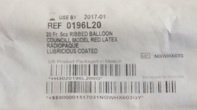 Bard 0196L20 Bardex Foley Cath 20Fr Ribbed Balloon Councill Model Red Latex