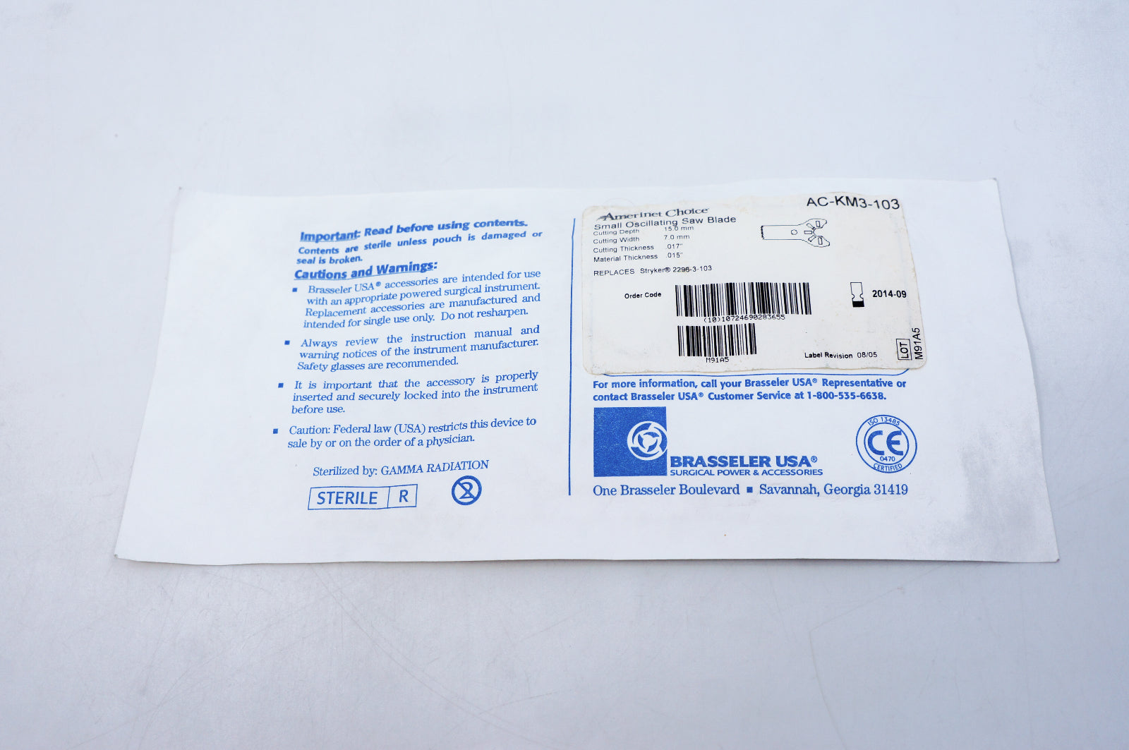 Brasseler AC-KM3-103 Small Oscillating Saw Blade Depth 15mm, Width 7.0mm (x)