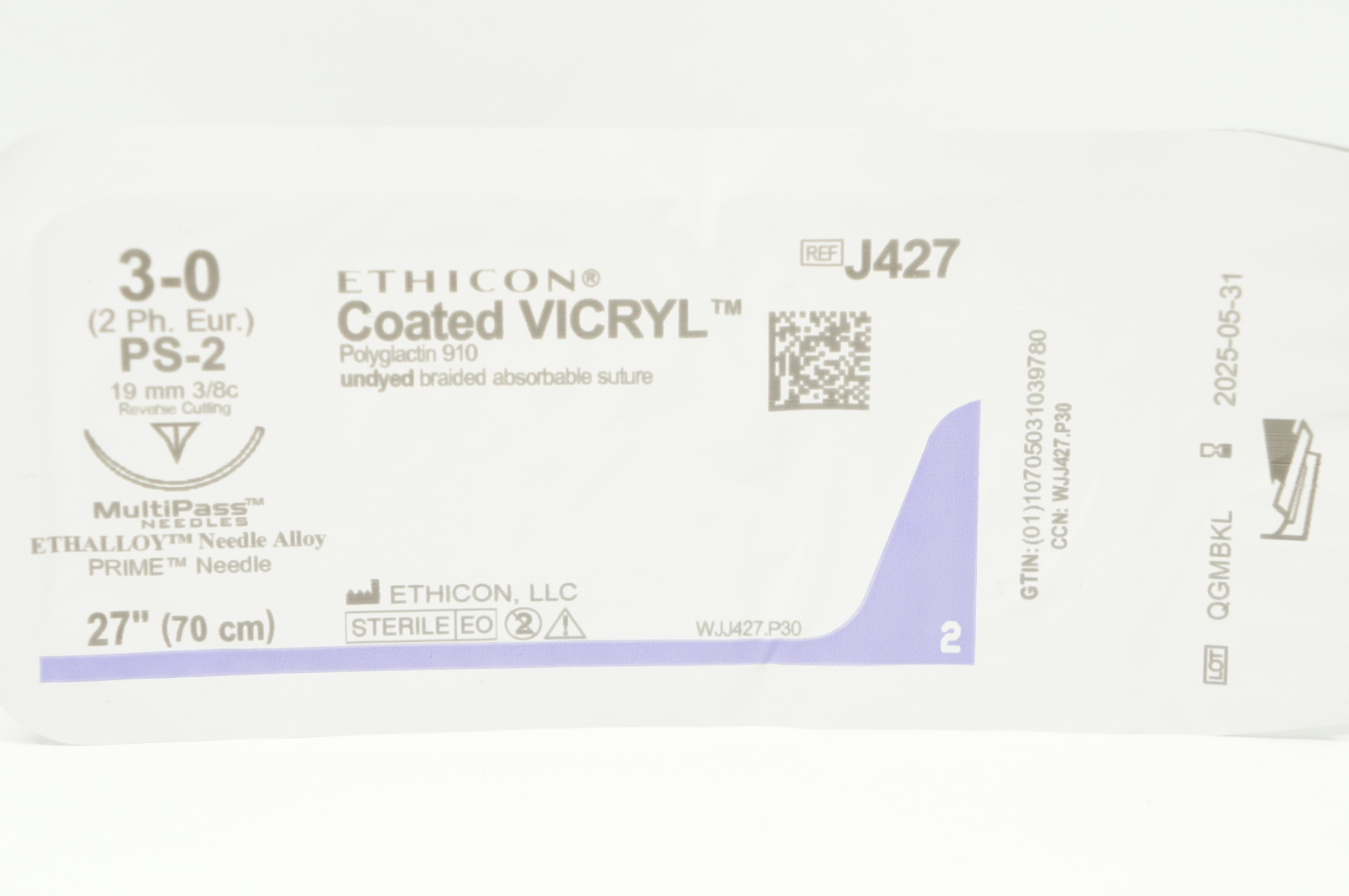 Ethicon J427 3-0 Coated VICRYL PS-2 19mm 3/8c Reverse Cutting 27inch