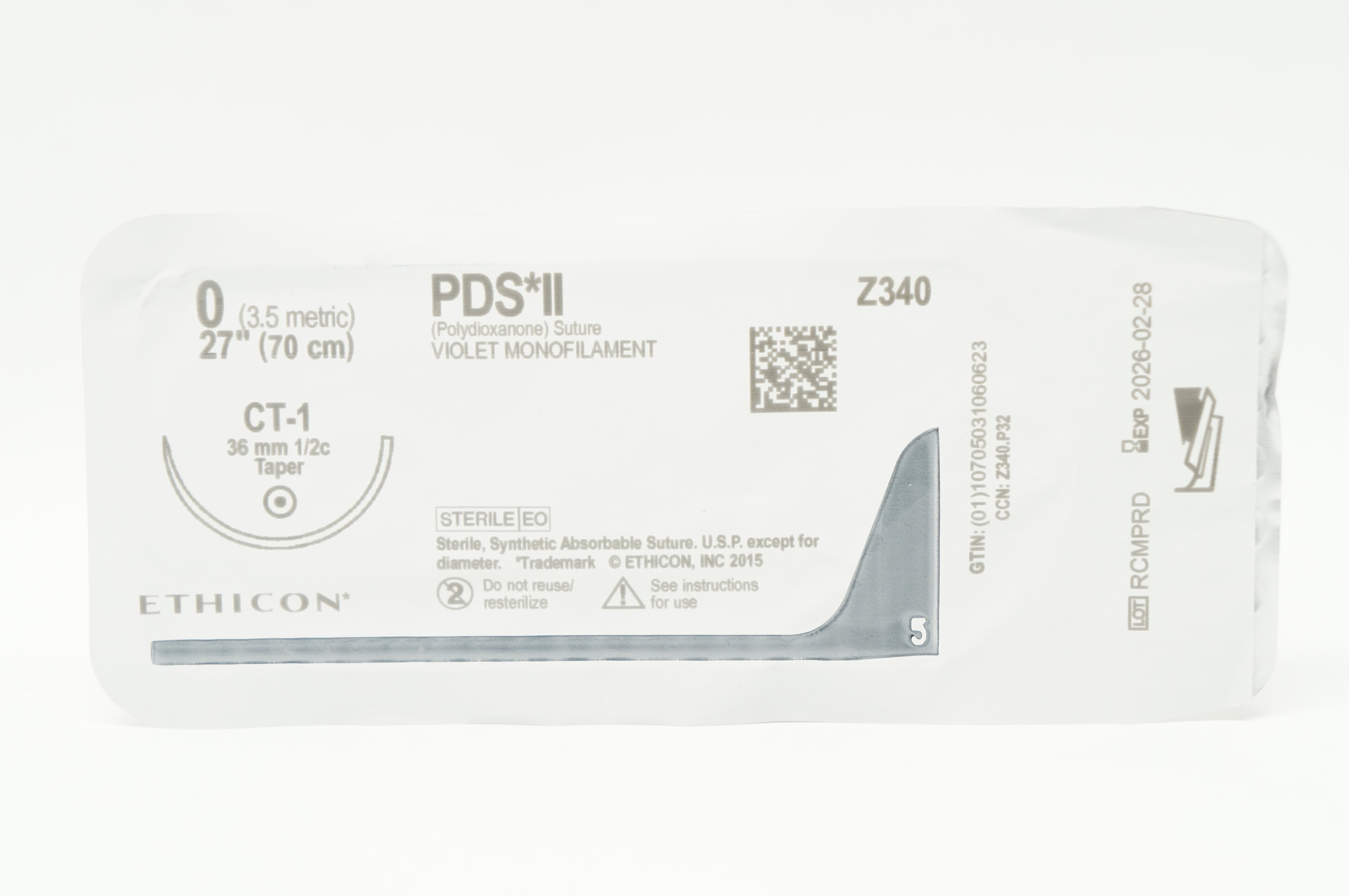 Ethicon Z340 0 PDS II Polydioxanone Stre CT-1 36mm 1/2c Taper 27inch