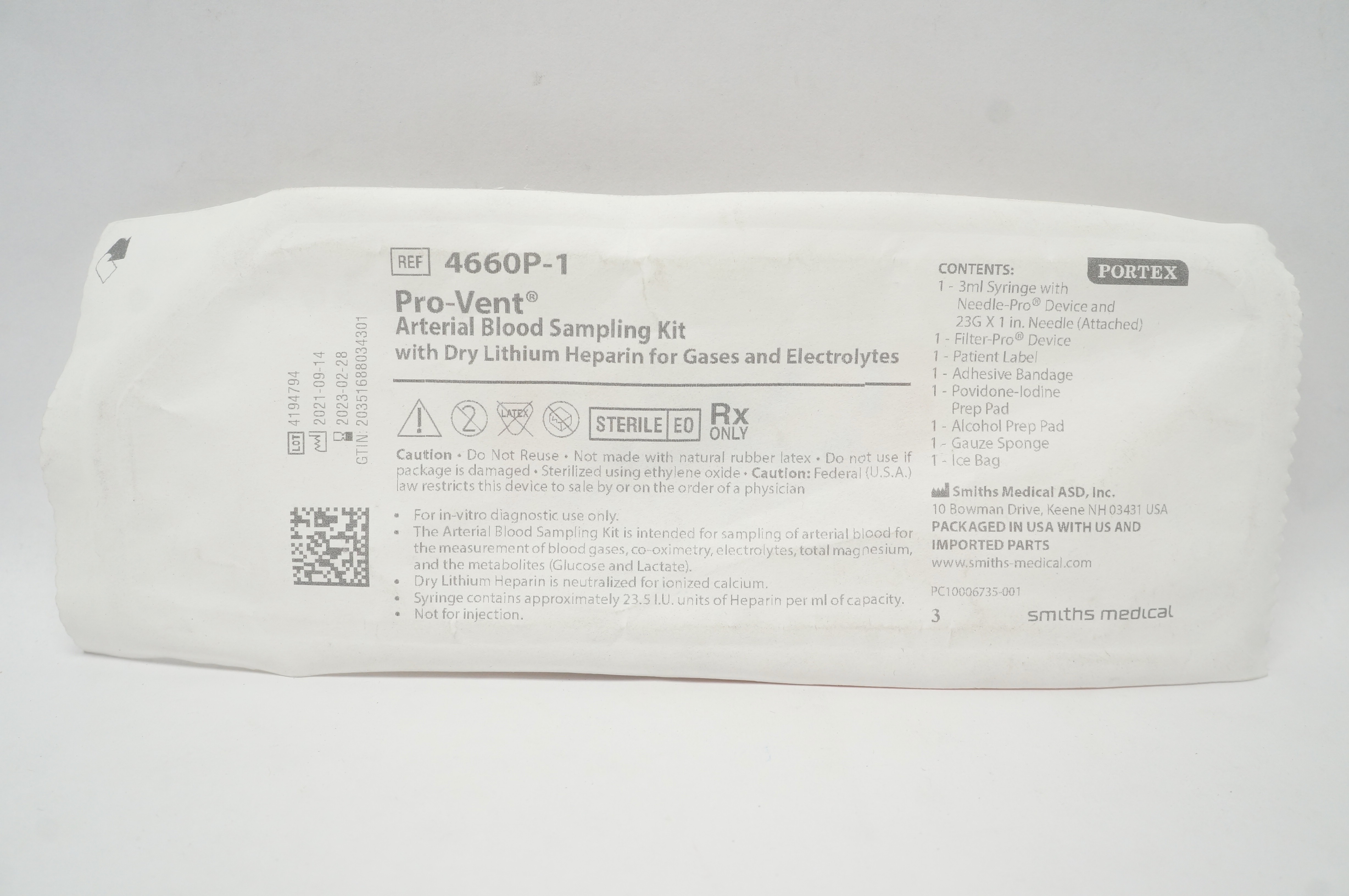 Smiths Medical 4660P-1 Portex Pro-Vent Arterial Blood Sampling Kit