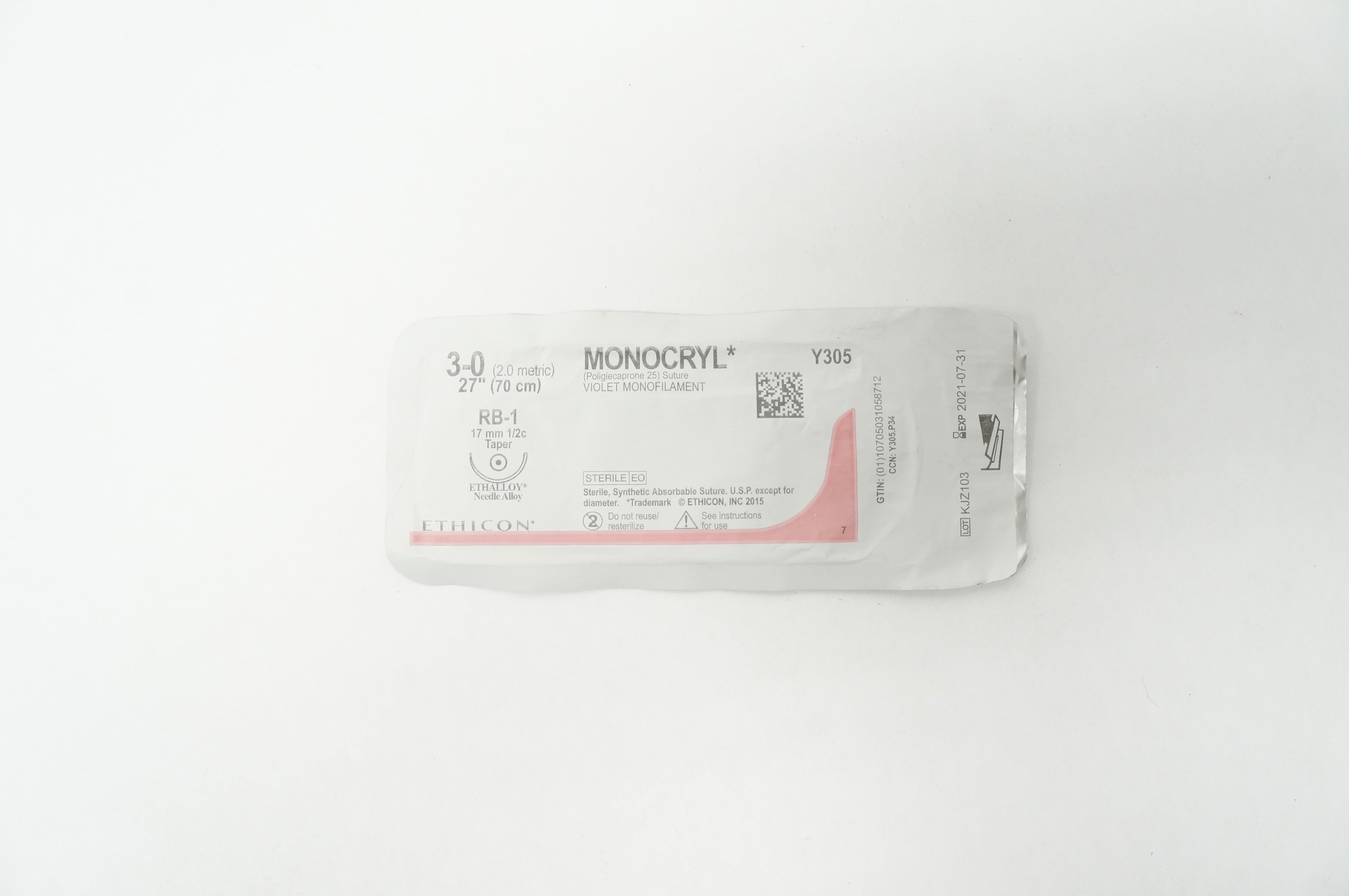 Ethicon Y305 3-0 MONOCRYL Poliglecaprone 25 Stre RB-1 17mm 1/2c Taper 27inch (x)