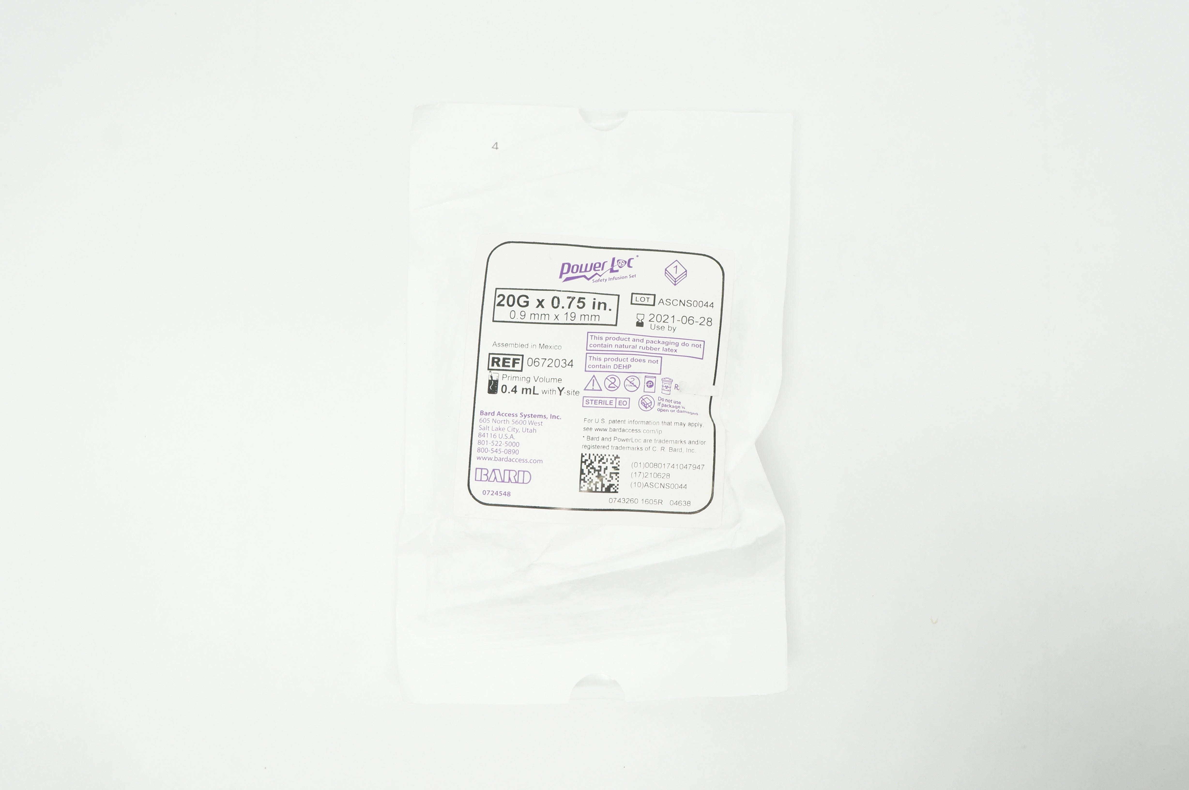 Bard 0672034 Power Loc Safety Infusion Set 20G x 0.75 in Priming Volume 0.4 mL