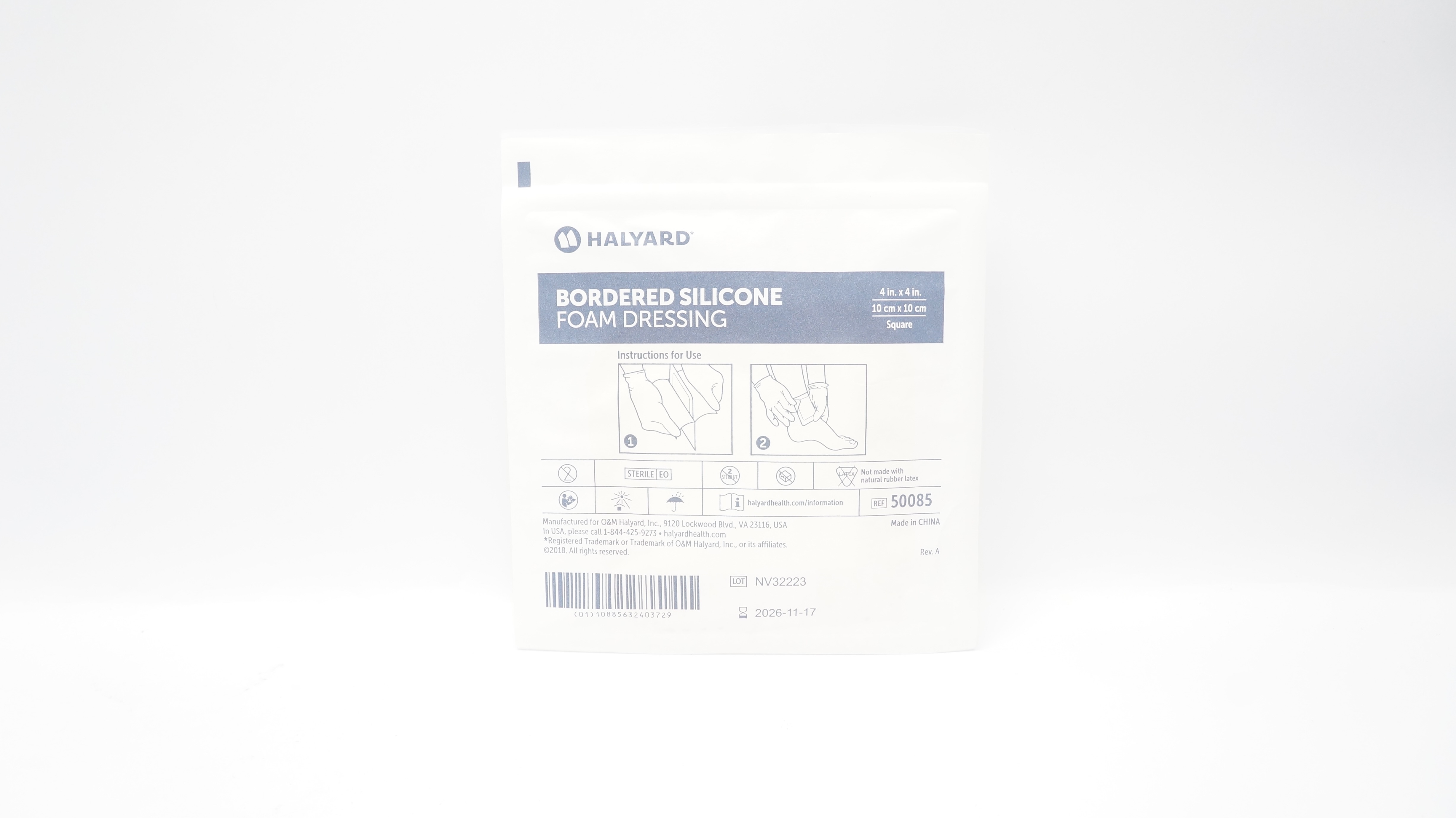 Halyard 50085 Bordered Silicone Foam Dressing 4In x 4In Square