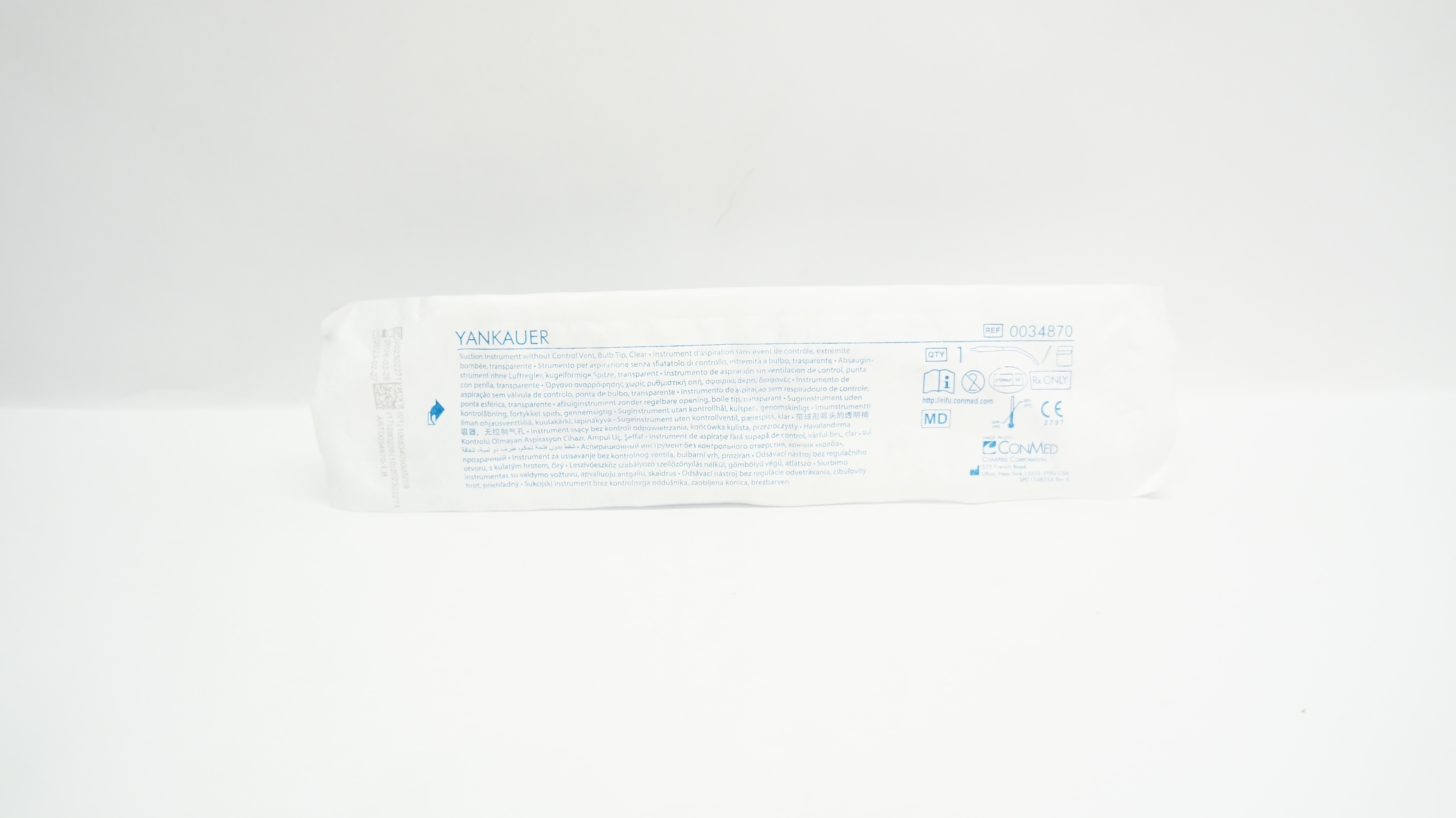 ConMed 0034870 Yankauer Suction Instrument without Control Vent, Bulb Tip, Clear