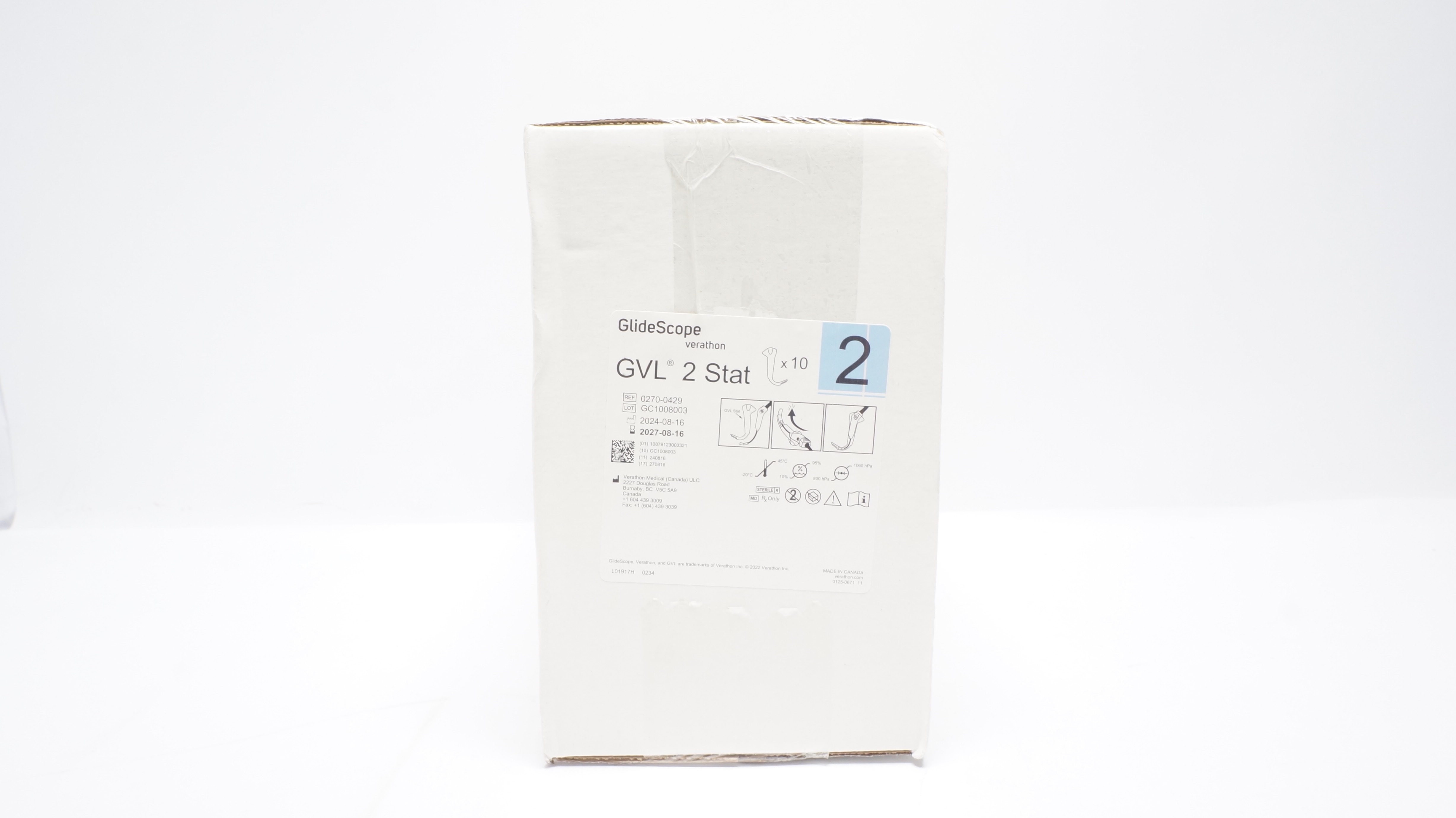 Verathon Medical 0270-0429 Glide Scope GVL 2Stat Video Laryngoscope - Box of 10