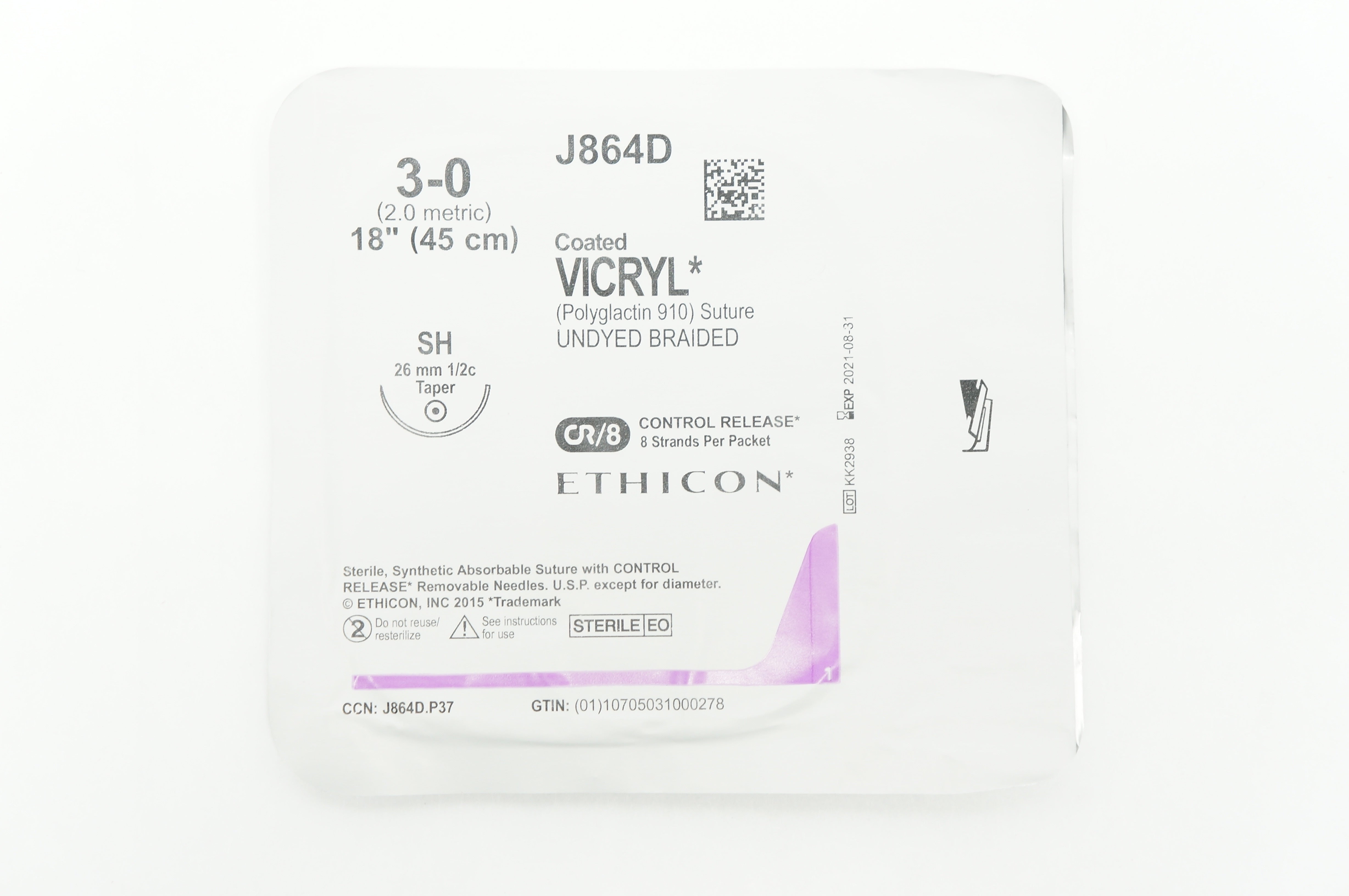Ethicon J864D 3-0 VICRYL SH 26mm 1/2c Taper 18inch ~ Lot of 11