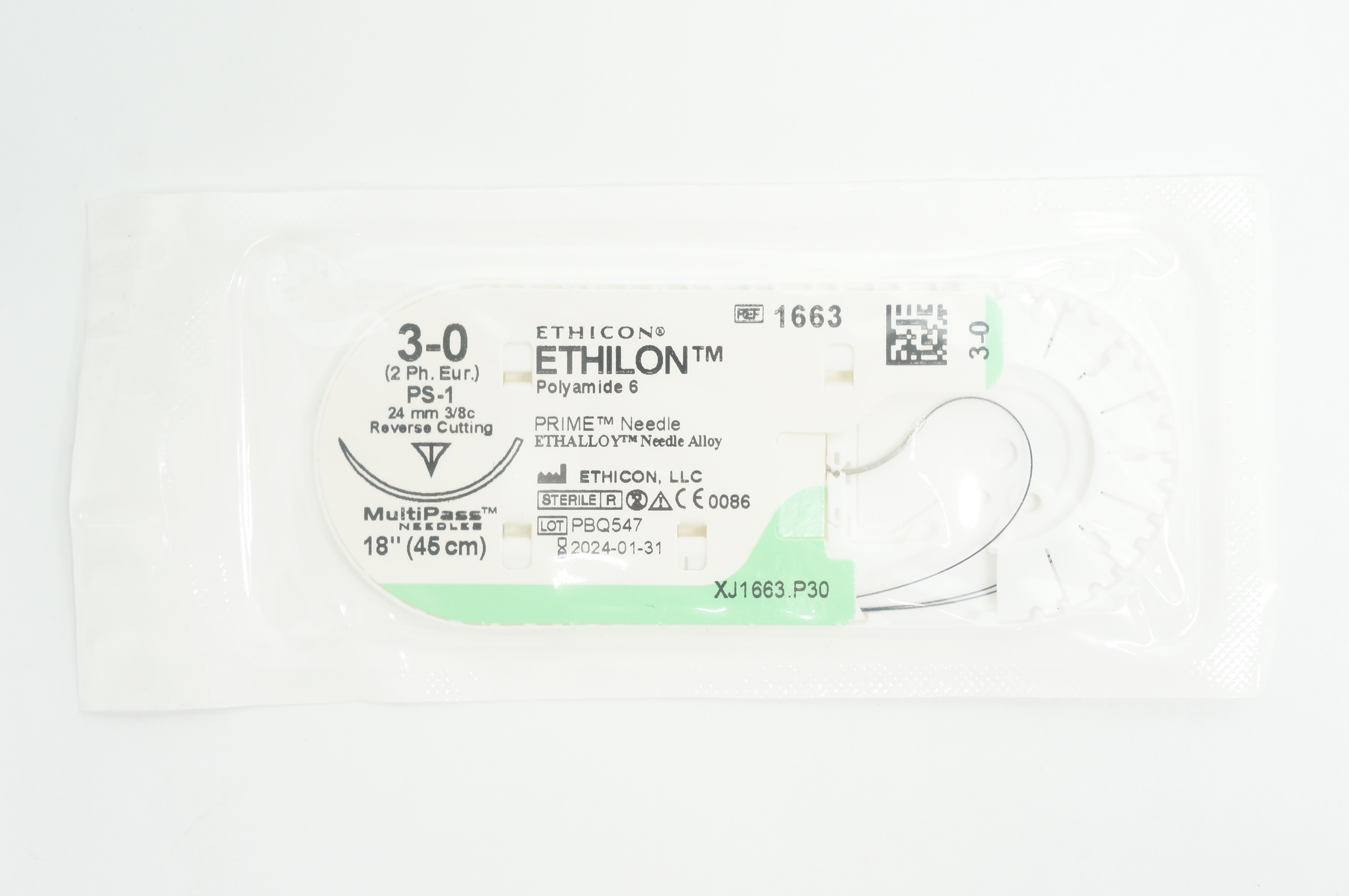 Ethicon 1663 3-0 ETHILON PS-1, 24mm 3/8c Reverse Cutting, 18inch