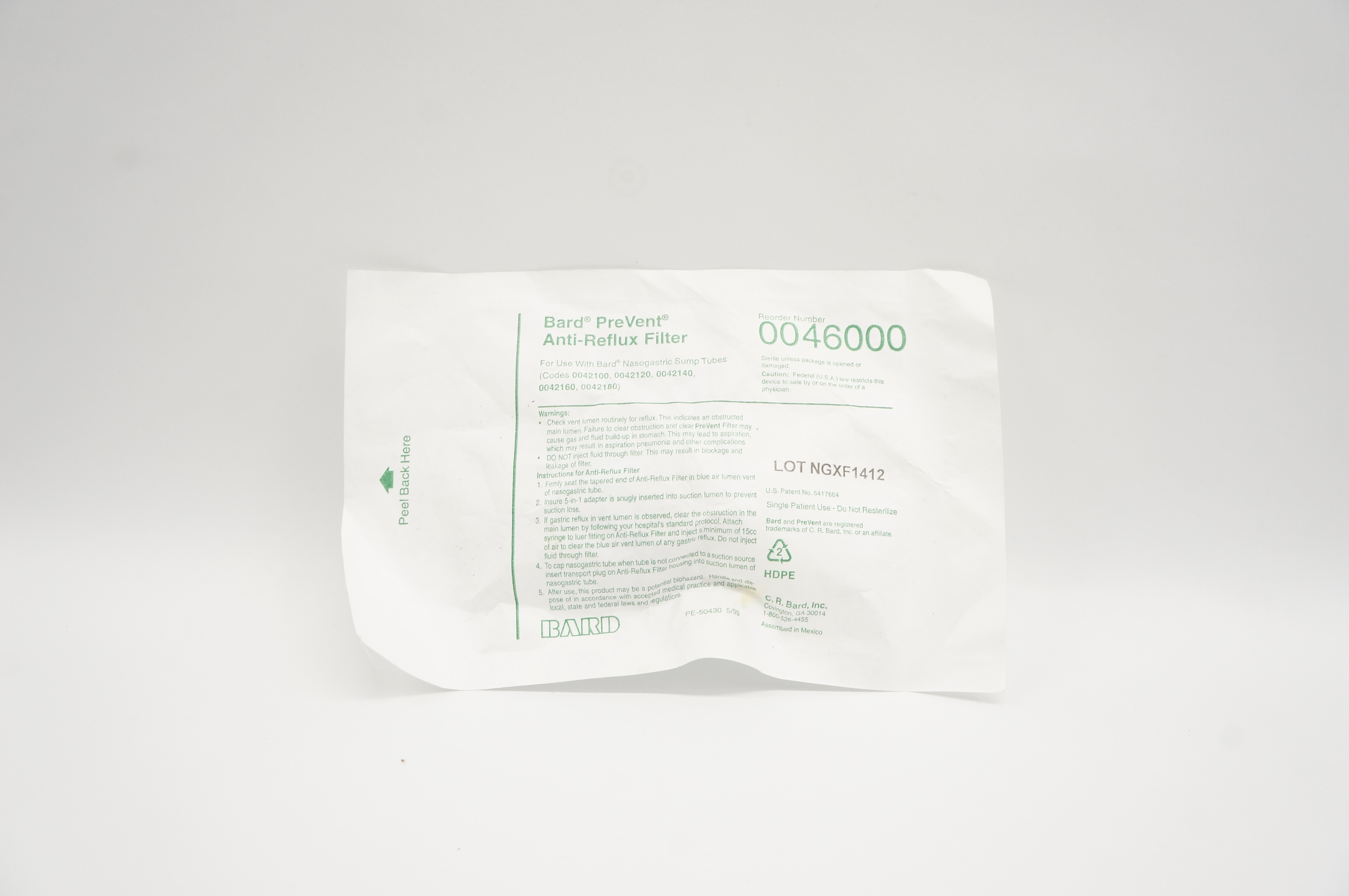 Bard 0046000 PreVent Anti-Reflux Filter